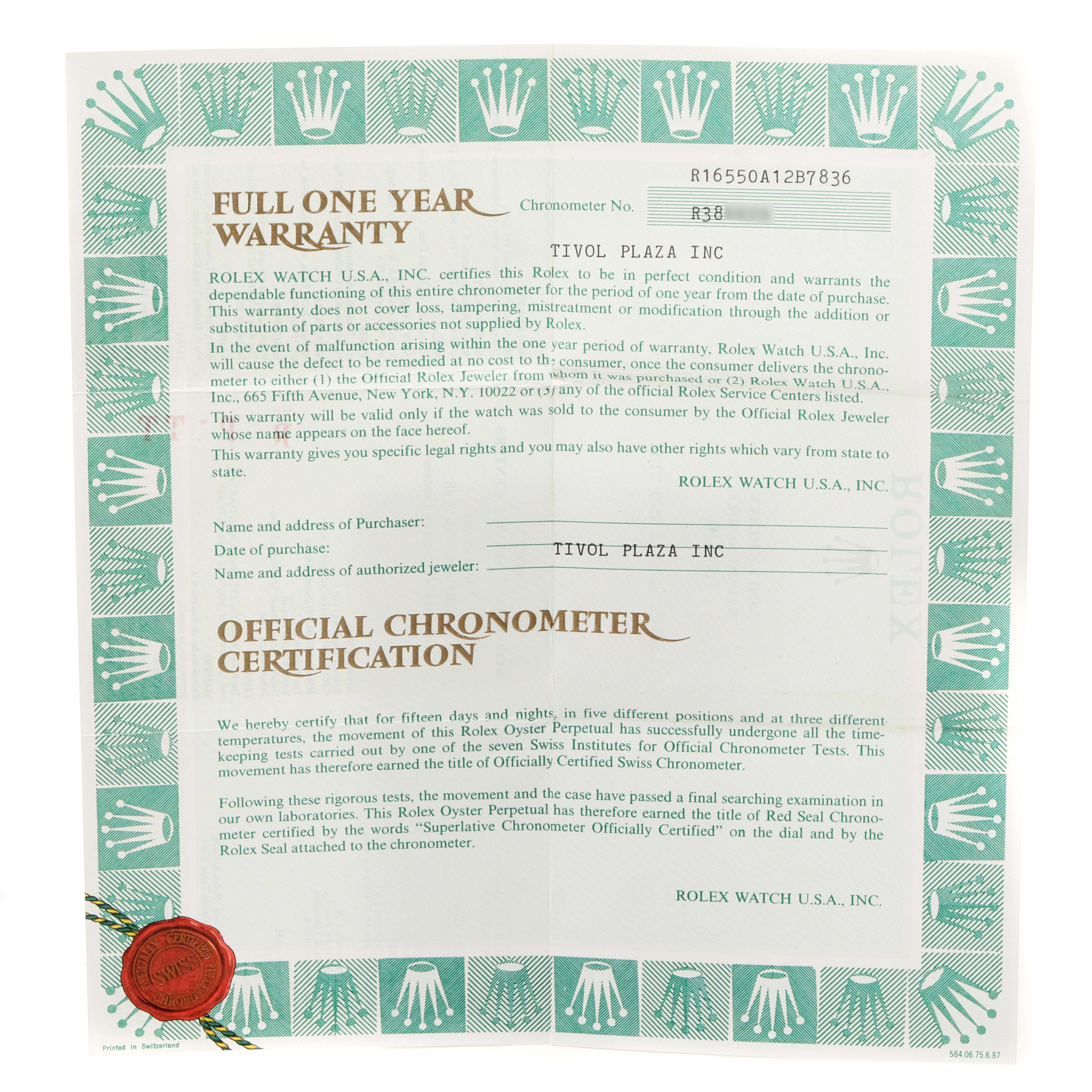 This image shows the full one-year warranty and chronometer certification for the Rolex Explorer 16550 Men's Stainless Steel White Dial 16550 Men's Stainless Steel White Dial model.