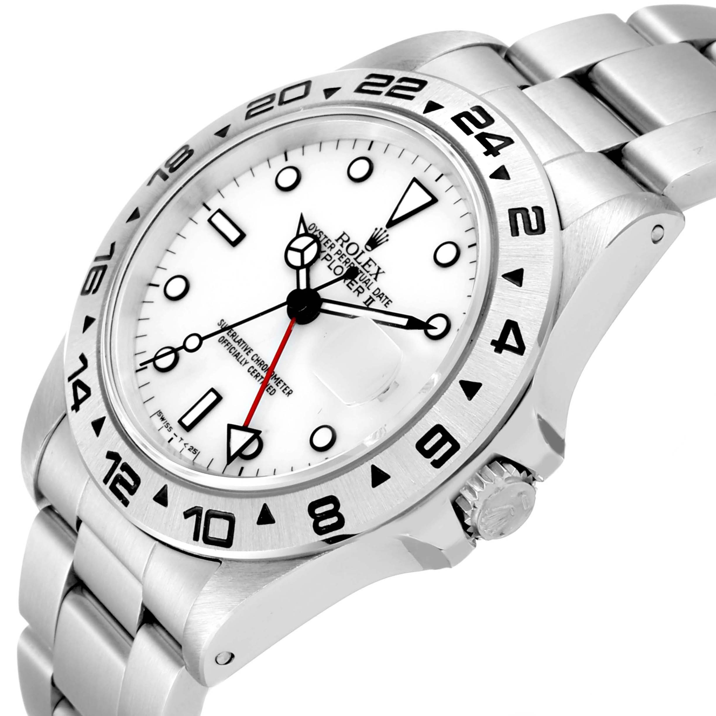 The image shows an angled view of a Rolex Explorer 16550 Men's Stainless Steel White Dial 16550 Men's Stainless Steel White Dial model watch, displaying the face, bezel, crown, and part of the bracelet.