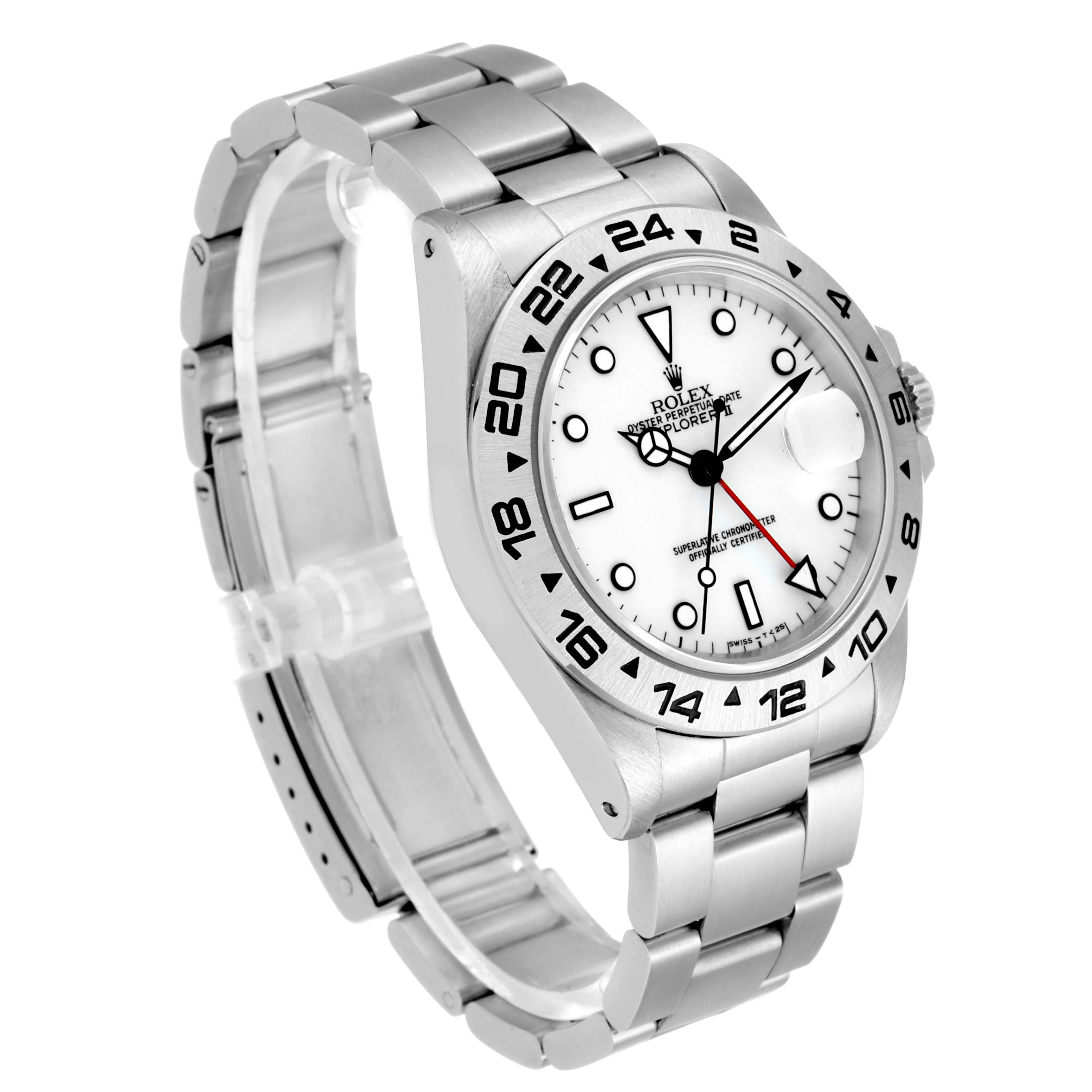 The image shows a side angle of a Rolex Explorer 16550 Men's Stainless Steel White Dial 16550 Men's Stainless Steel White Dial model watch, displaying the face, bezel, bracelet, and crown.