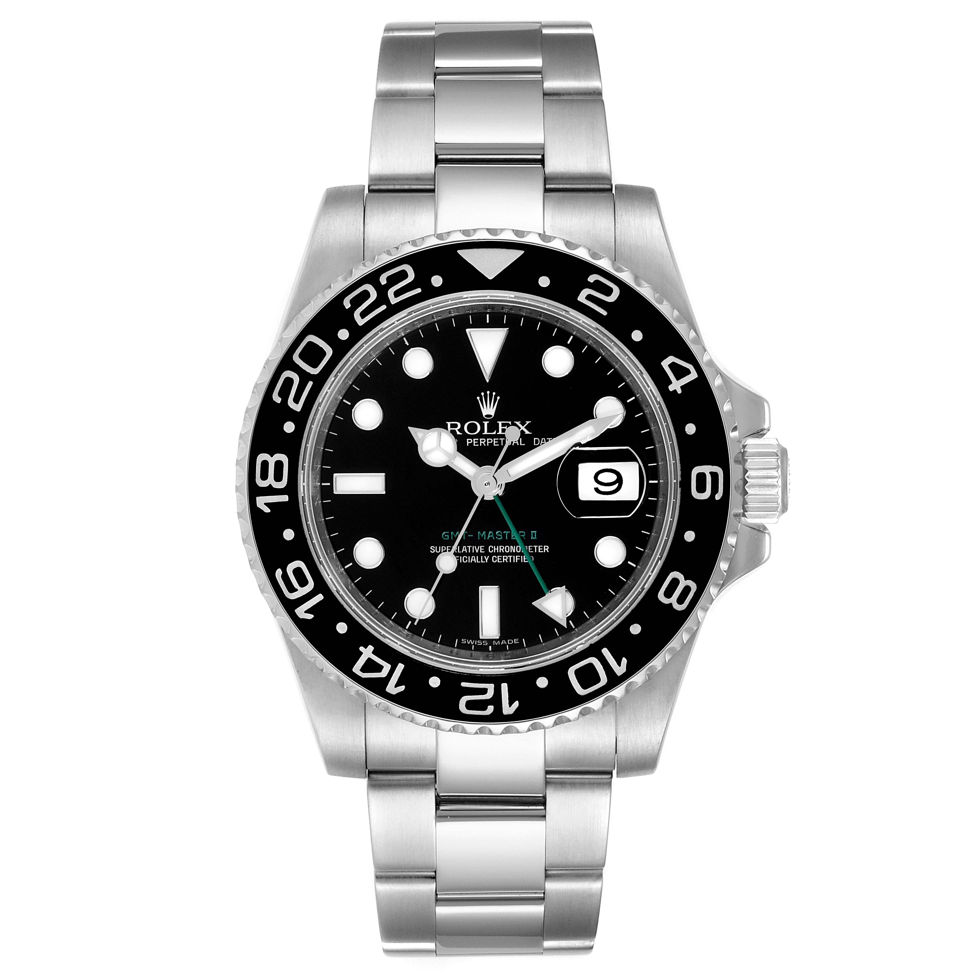 This image shows a front view of the Rolex GMT-Master 116710 Men
s Stainless Steel Black Dial 116710 Men
s Stainless Steel Black Dial watch with a stainless steel bracelet and a black dial.