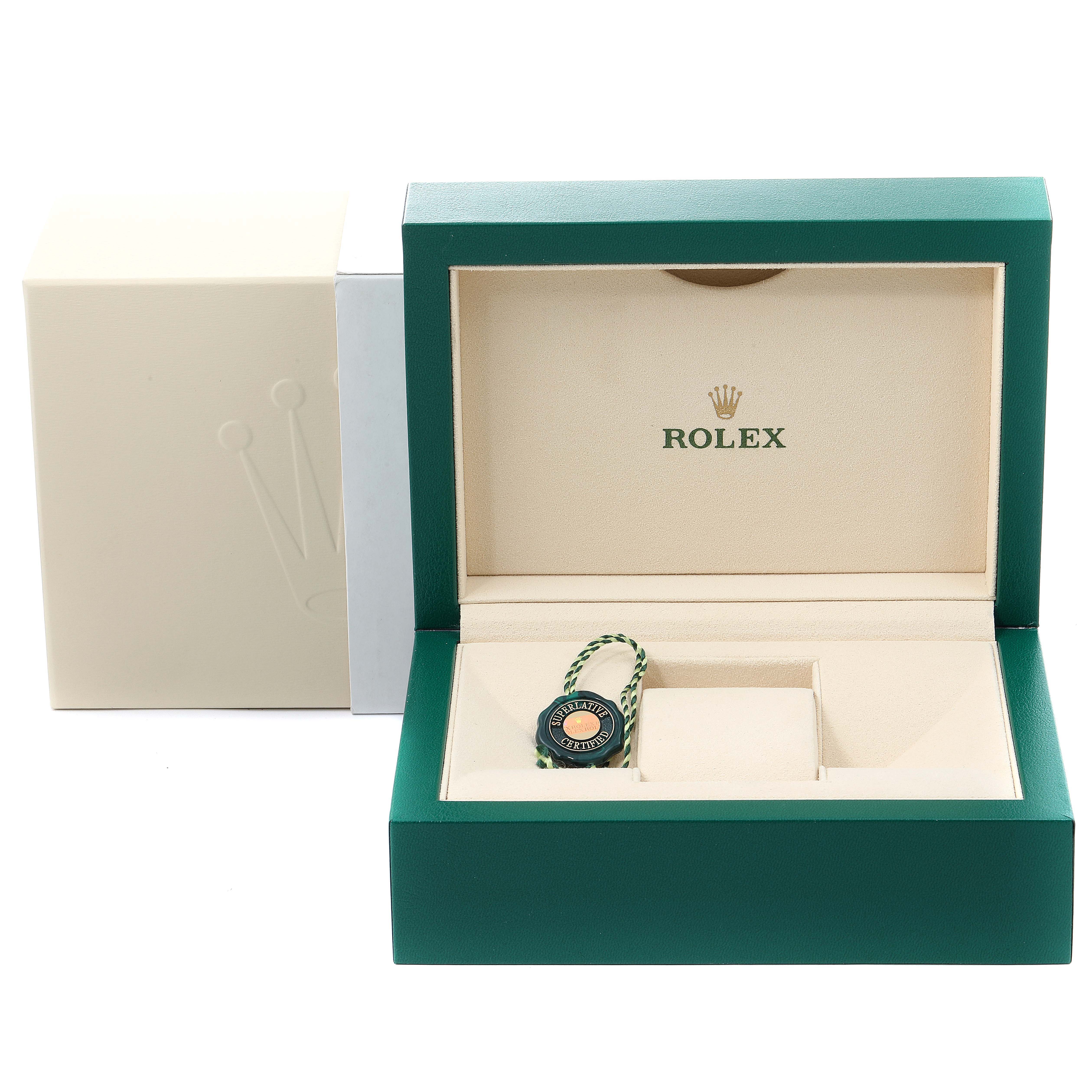 The image shows a Rolex GMT-Master 116710 Men
s Stainless Steel Black Dial 116710 Men
s Stainless Steel Black Dial watch box and tag, viewed from the front angle.