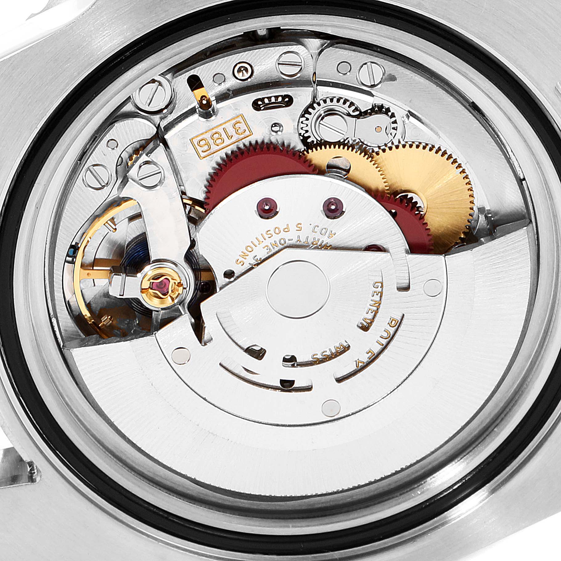 This image shows the internal movement mechanism of a Rolex GMT-Master 116710 Men
s Stainless Steel Black Dial 116710 Men
s Stainless Steel Black Dial watch from a top-down perspective.