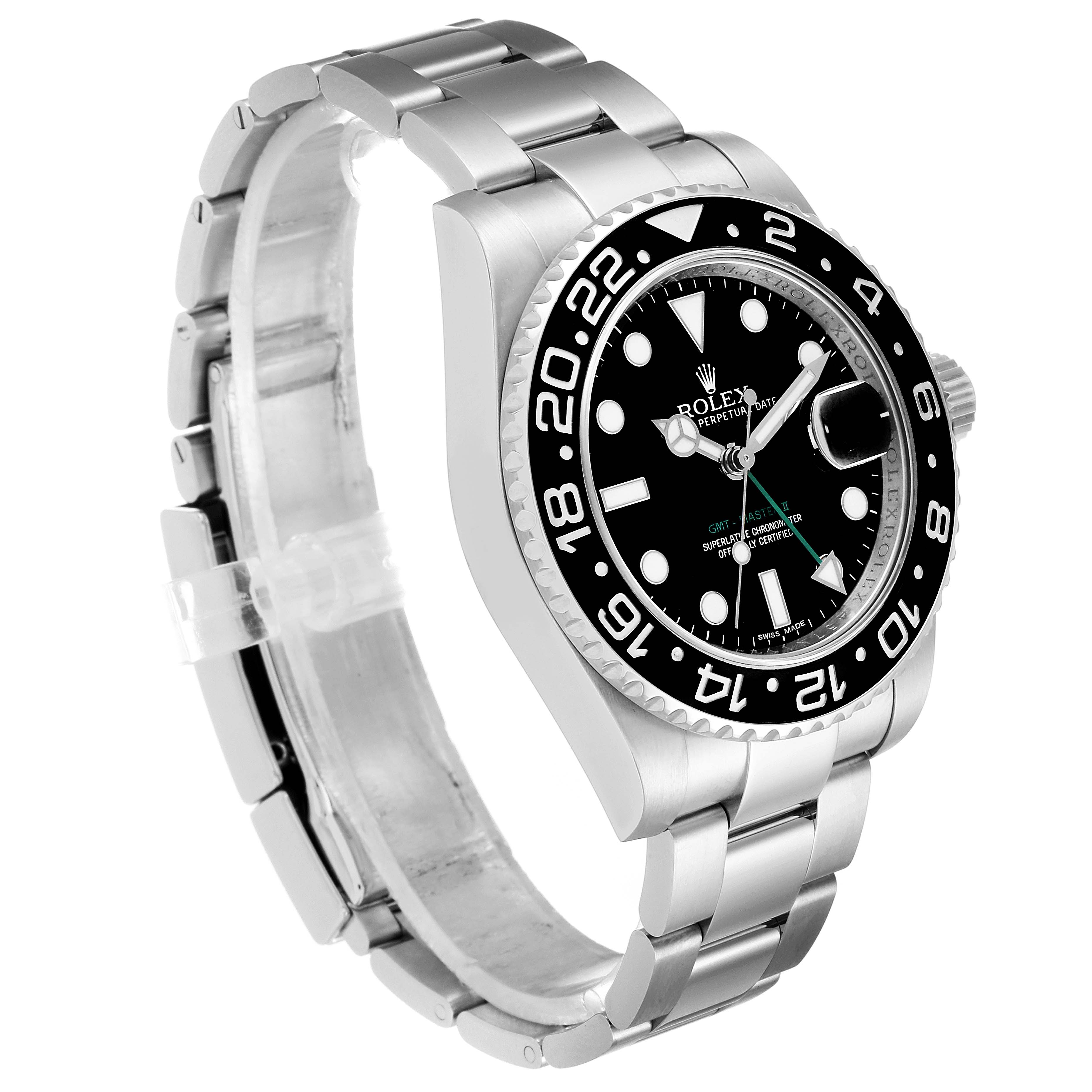 This image shows a side angle view of the Rolex GMT-Master 116710 Men
s Stainless Steel Black Dial 116710 Men
s Stainless Steel Black Dial watch, highlighting its bezel, dial, and bracelet.