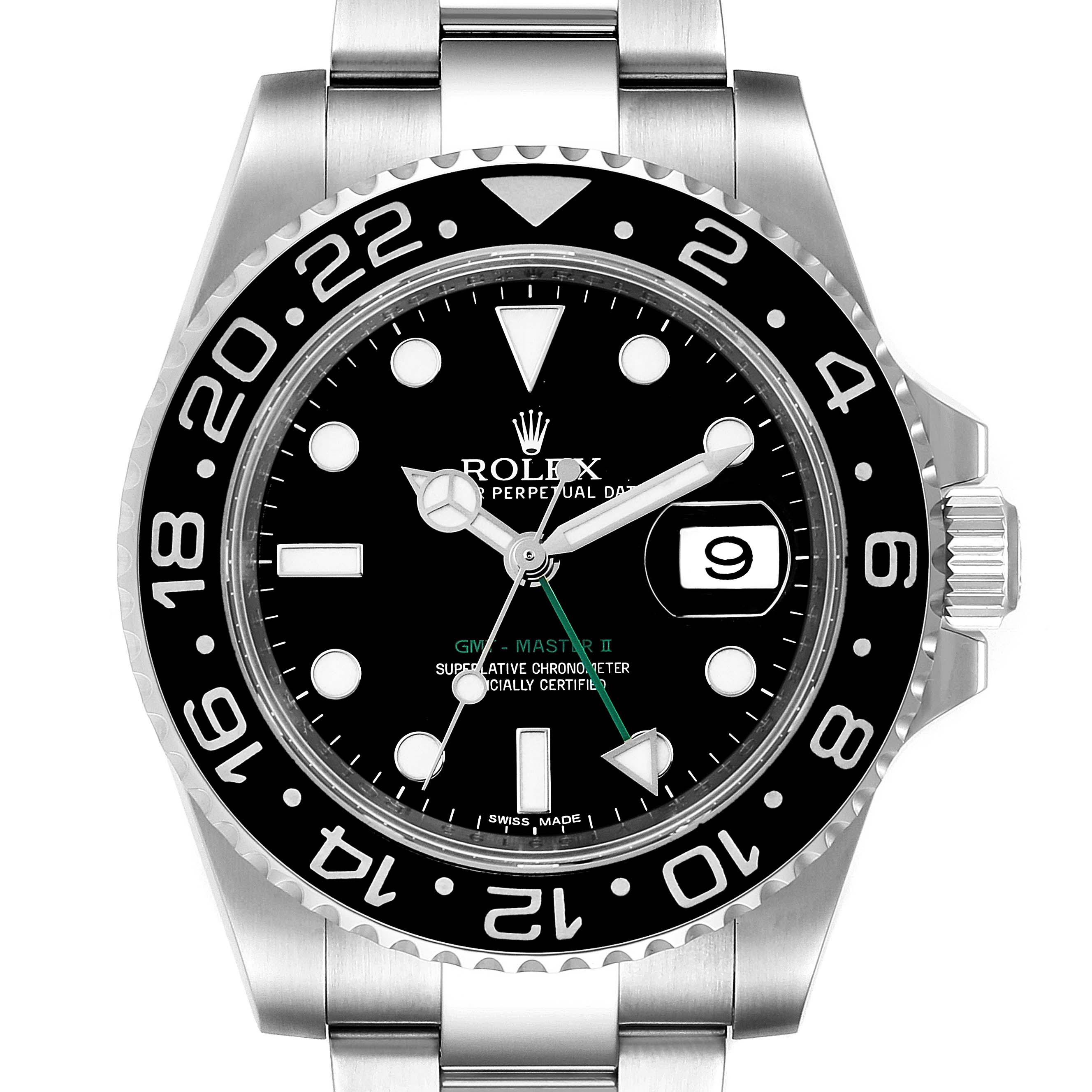This image shows a front view of a Rolex GMT-Master 116710 Men
s Stainless Steel Black Dial 116710 Men
s Stainless Steel Black Dial II watch, highlighting the dial, bezel, hands, and part of the bracelet.
