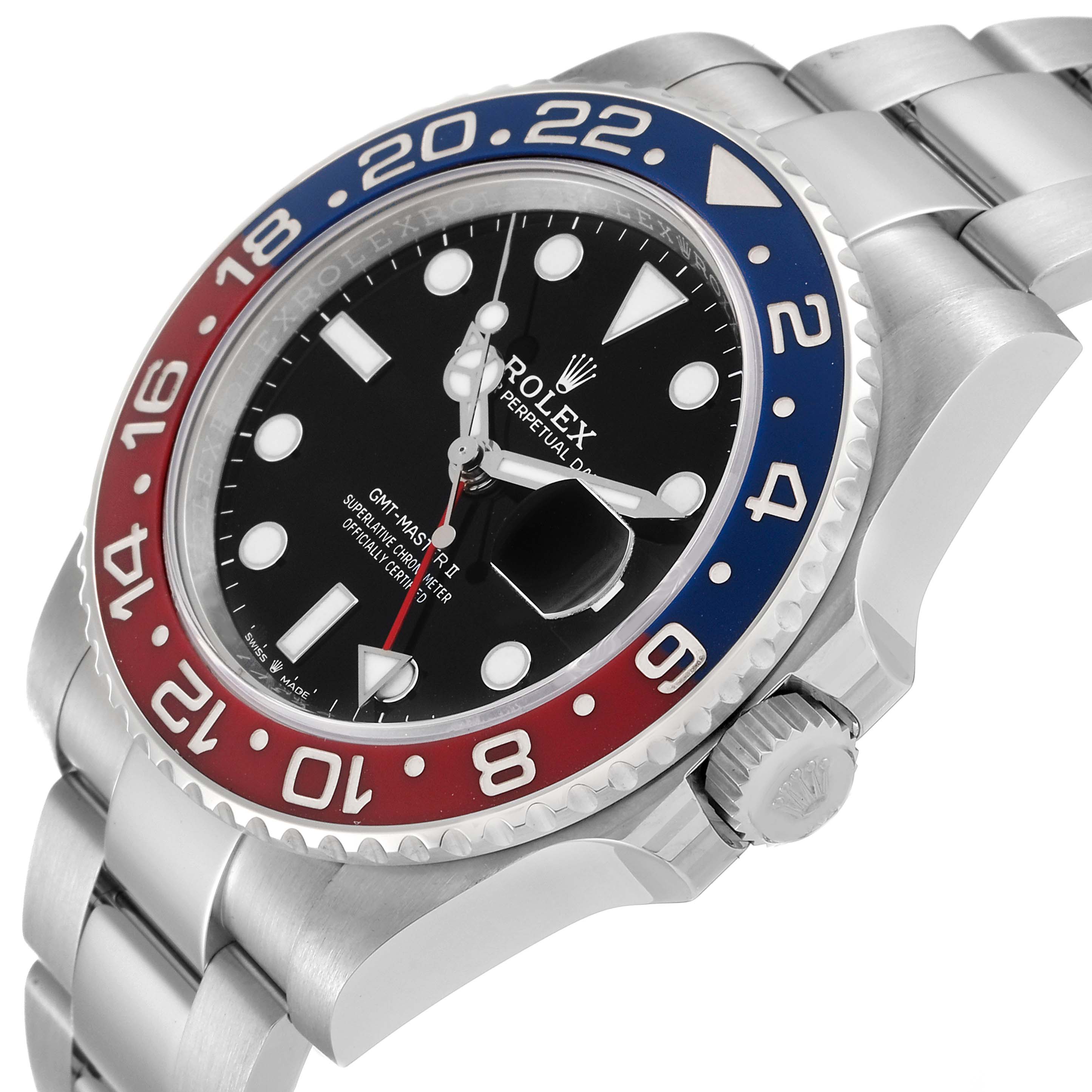 The image shows a side angle of a Rolex GMT-Master 126710BLRO Men
s Stainless Steel Black Dial 126710BLRO Men
s Stainless Steel Black Dial II, highlighting the bezel, case, crown, and part of the bracelet.