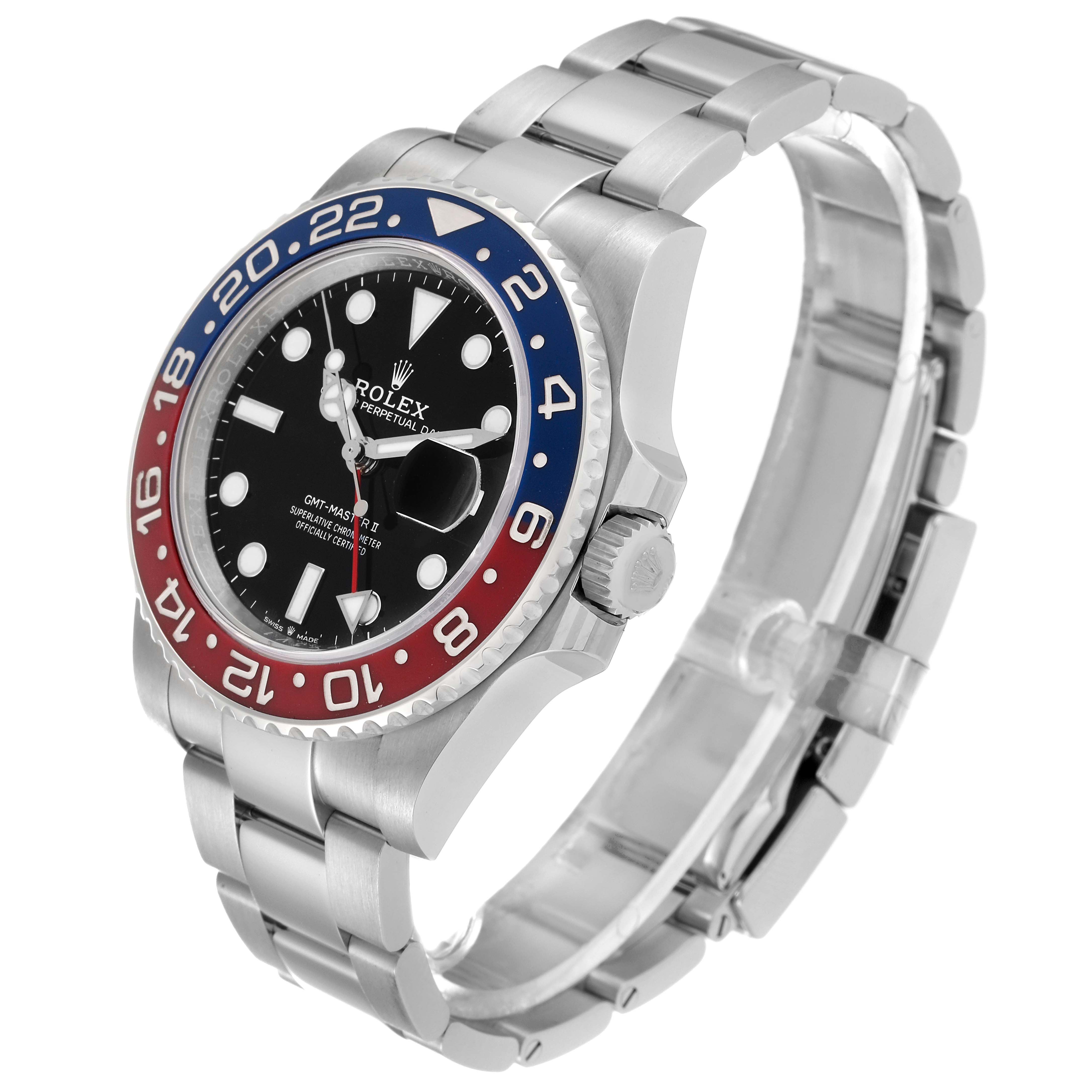 The Rolex GMT-Master 126710BLRO Men
s Stainless Steel Black Dial 126710BLRO Men
s Stainless Steel Black Dial watch is shown at a 3/4 angle, highlighting the face, bezel, crown, and part of the bracelet.