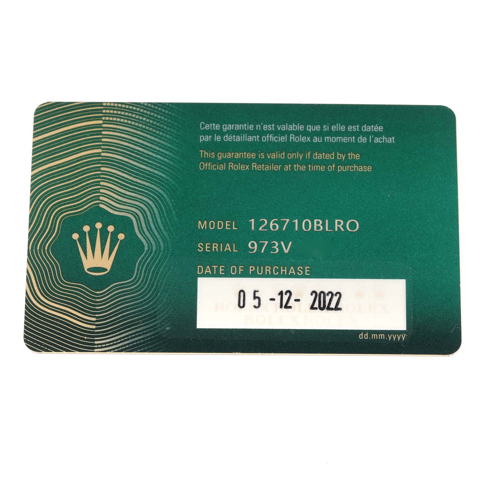 This image shows the warranty card for the Rolex GMT-Master 126710BLRO Men
s Stainless Steel Black Dial 126710BLRO Men
s Stainless Steel Black Dial model 126710BLRO with the purchase date of 05-12-2022.