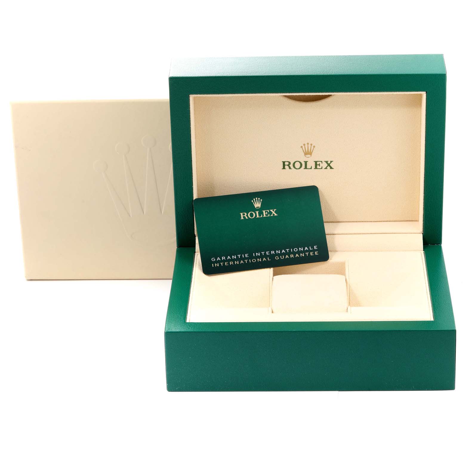 The image shows an open green Rolex box for the GMT-Master model, featuring its interior and a warranty card.