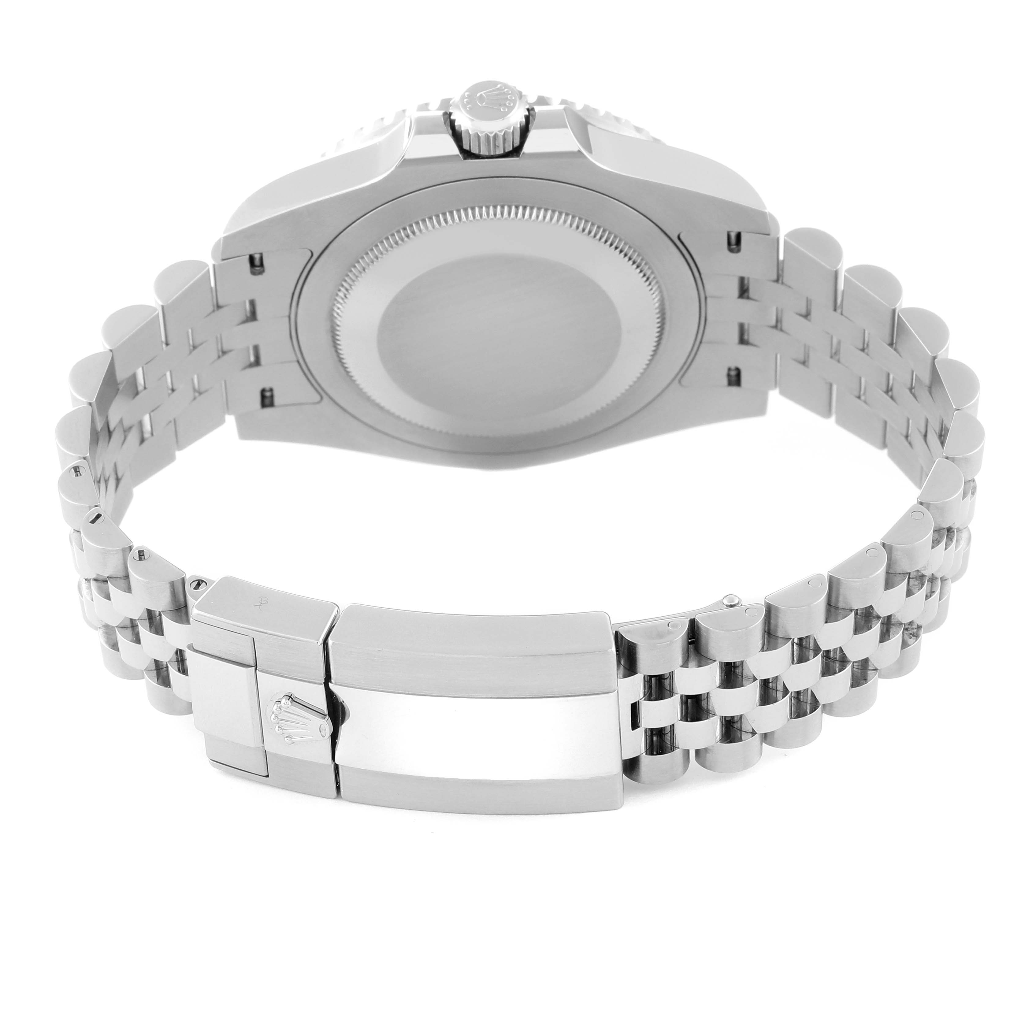 The image shows the back case, crown, and bracelet clasp of a Rolex GMT-Master 126710BLRO Men's Stainless Steel Black Dial 126710BLRO Men's Stainless Steel Black Dial model, viewed from the rear.