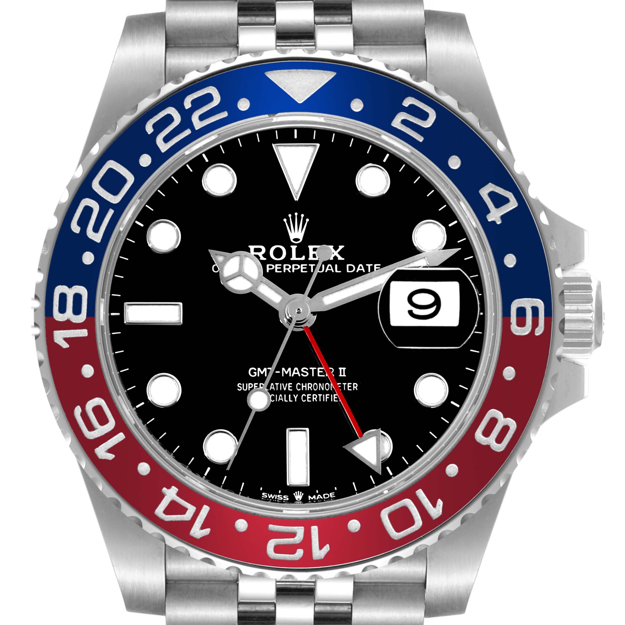 This image shows a front view of the Rolex GMT-Master 126710BLRO Men's Stainless Steel Black Dial 126710BLRO Men's Stainless Steel Black Dial II with a black dial, date window, and a red and blue bezel.