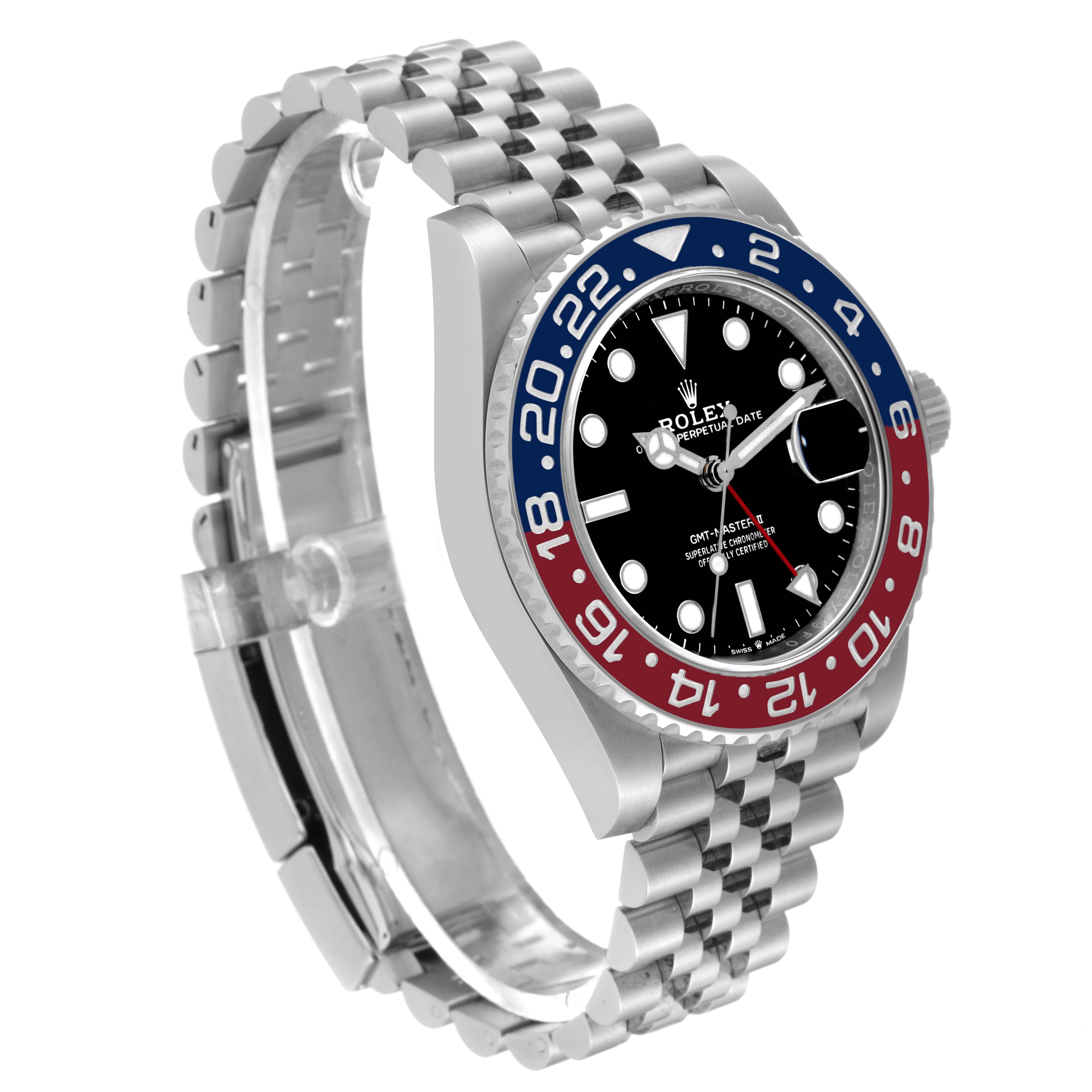 The image shows a Rolex GMT-Master 126710BLRO Men's Stainless Steel Black Dial 126710BLRO Men's Stainless Steel Black Dial watch from an angled side view, highlighting the bezel, face, and bracelet.