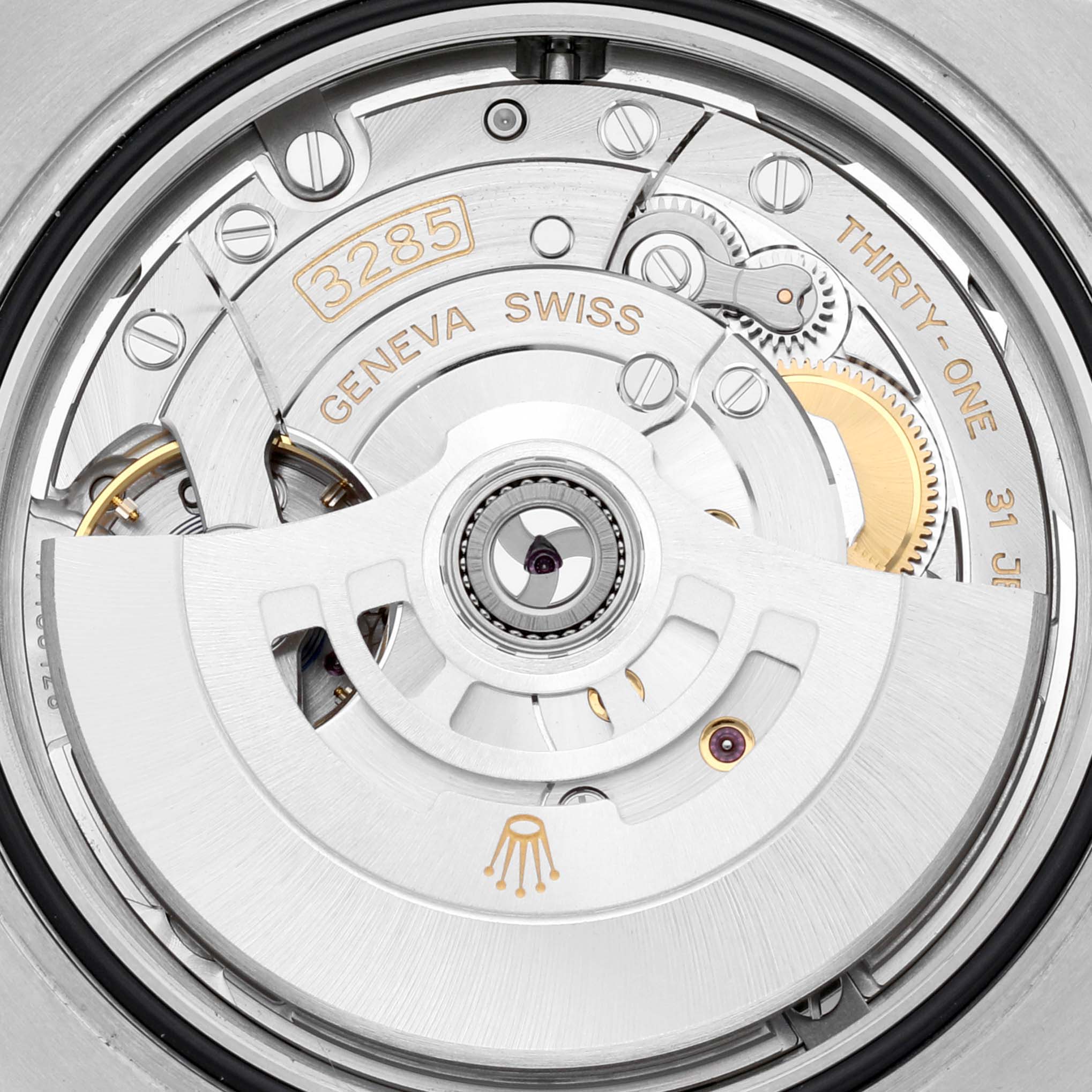 The image shows the movement and internal mechanism of a Rolex GMT-Master 126710BLRO Men's Stainless Steel Black Dial 126710BLRO Men's Stainless Steel Black Dial watch, highlighting the caliber 3285.