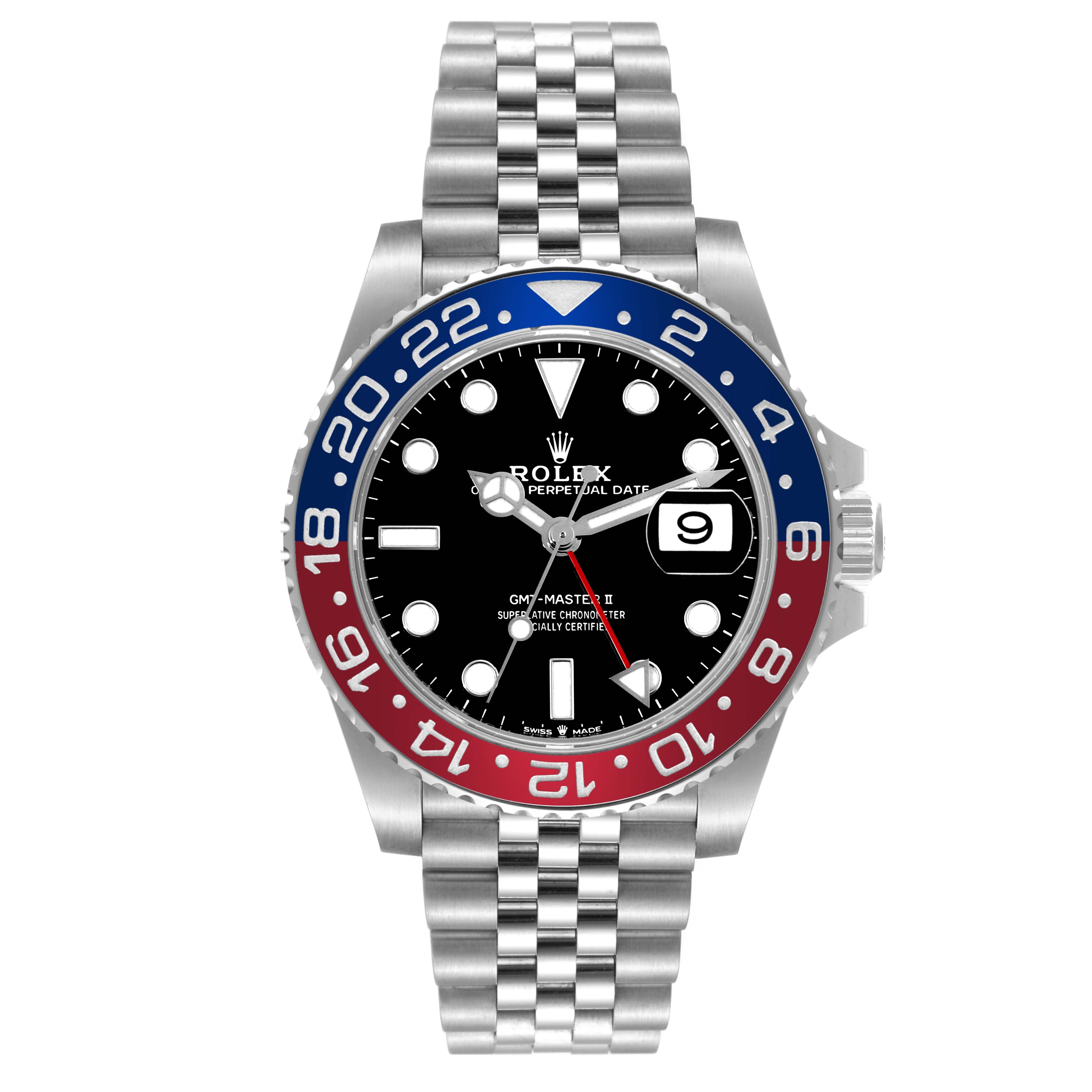 The watch is a Rolex GMT-Master 126710BLRO Men's Stainless Steel Black Dial 126710BLRO Men's Stainless Steel Black Dial II showing its face, crown, and bracelet at a straight-on angle.