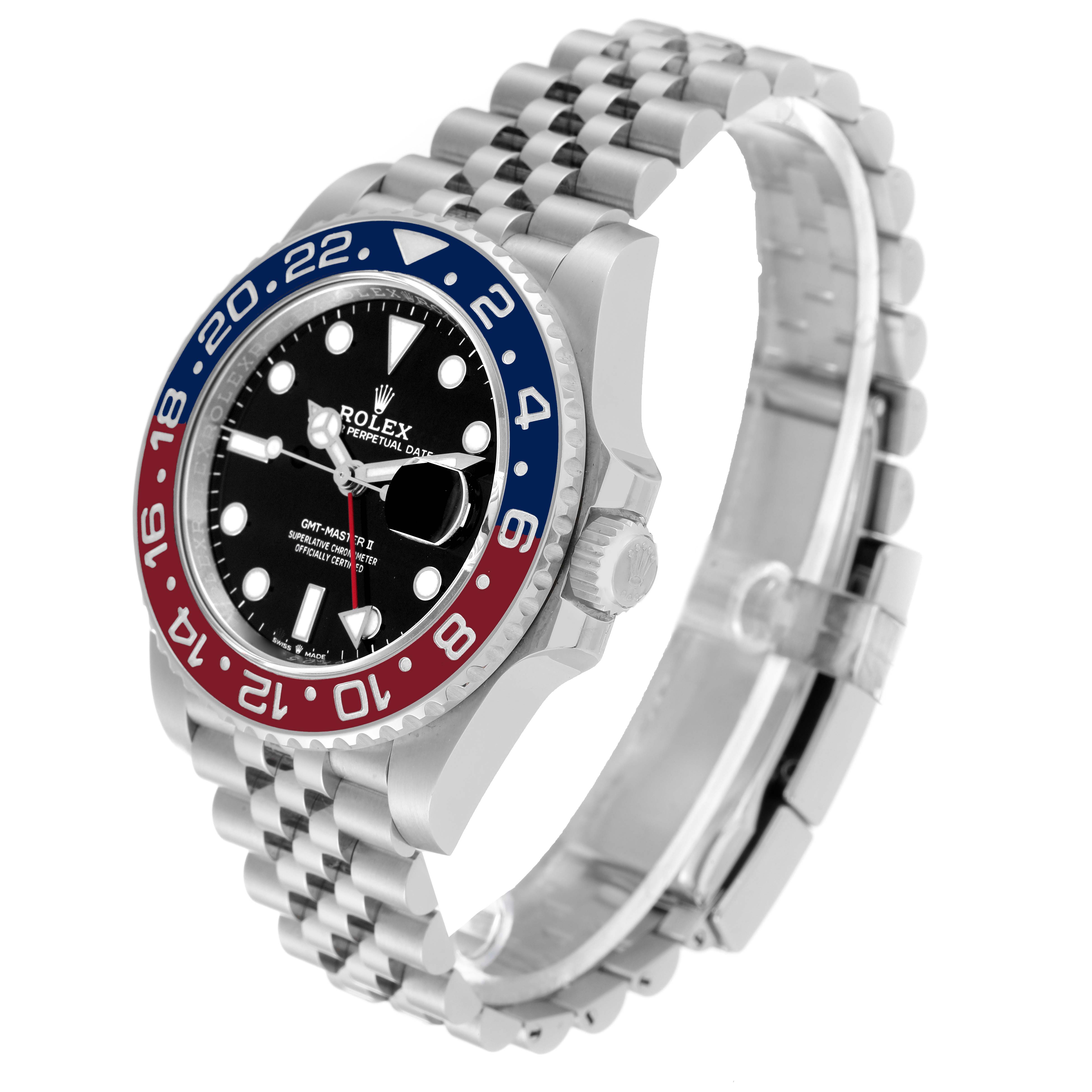 This image shows a side-angle view of a Rolex GMT-Master 126710BLRO Men's Stainless Steel Black Dial 126710BLRO Men's Stainless Steel Black Dial watch, highlighting the bezel, dial, and bracelet.