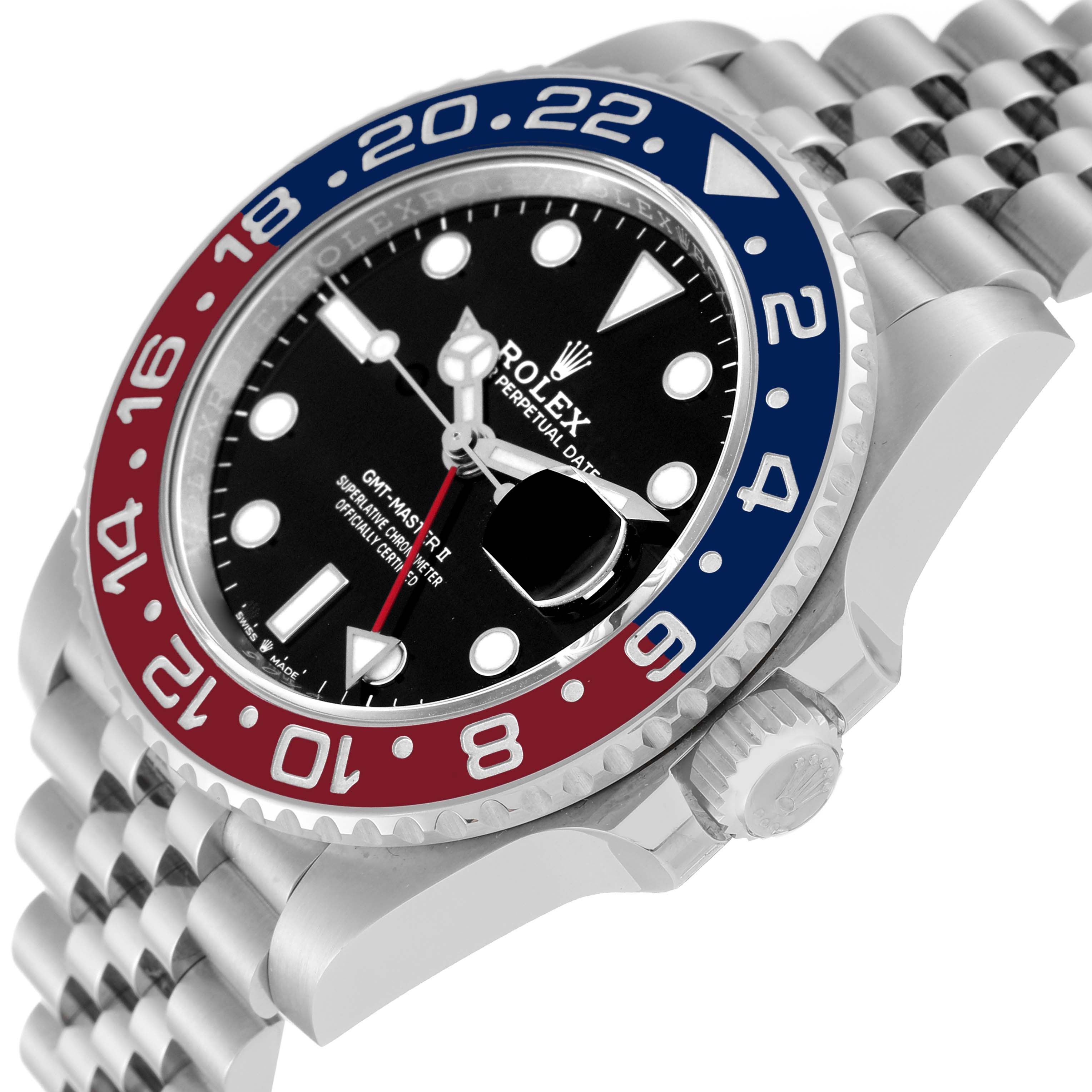 The image shows a Rolex GMT-Master 126710BLRO Men's Stainless Steel Black Dial 126710BLRO Men's Stainless Steel Black Dial watch at a slight angle, highlighting the bezel, dial, crown, and part of the bracelet.