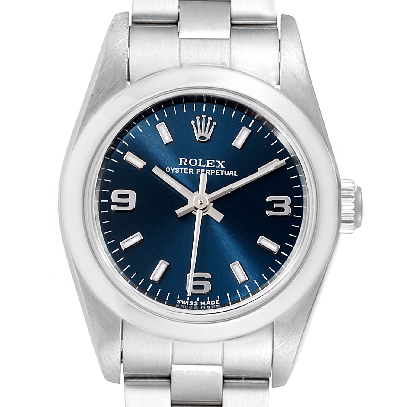 This image shows a frontal view of a Rolex Oyster Perpetual 76080 Women
s Stainless Steel Blue Dial 76080 Women
s Stainless Steel Blue Dial watch, displaying its face, case, crown, and part of the bracelet.