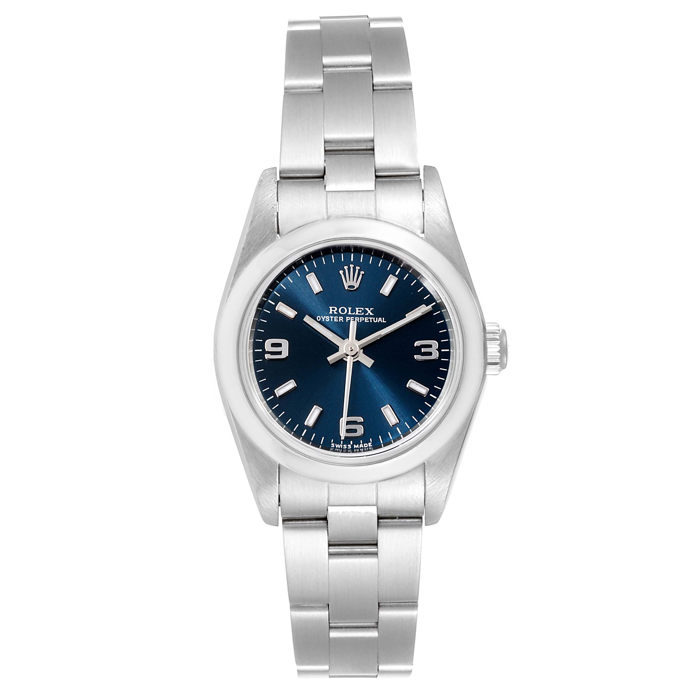 The image shows a front view of a Rolex Oyster Perpetual 76080 Women
s Stainless Steel Blue Dial 76080 Women
s Stainless Steel Blue Dial watch, highlighting the face, dial, and bracelet.
