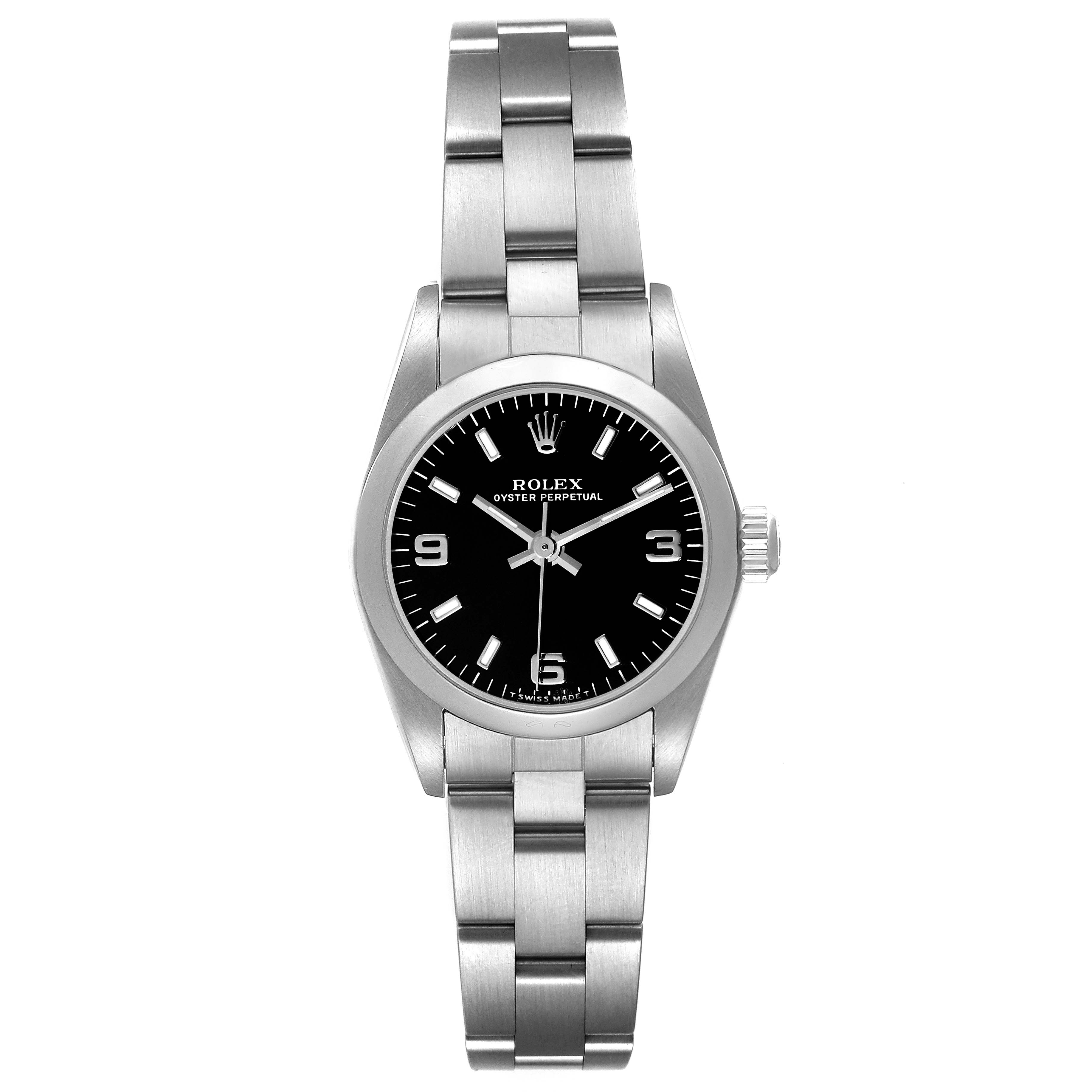 The image shows a front view of the Rolex Oyster Perpetual 76080 Women's Stainless Steel Black Dial 76080 Women's Stainless Steel Black Dial watch, highlighting the watch face, bracelet, and crown.