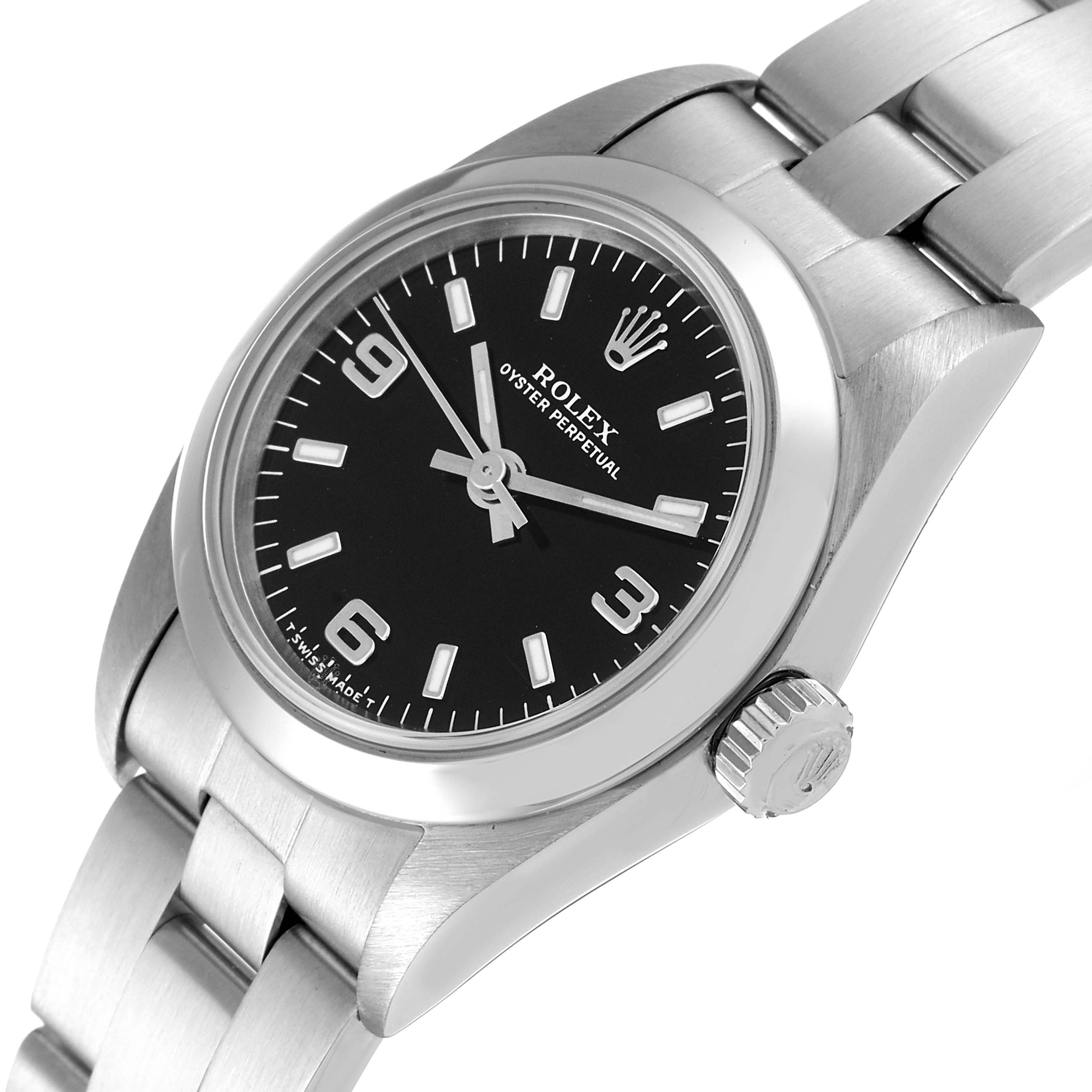 This image shows a Rolex Oyster Perpetual 76080 Women's Stainless Steel Black Dial 76080 Women's Stainless Steel Black Dial watch from an angled view, highlighting the dial, bezel, crown, and part of the bracelet.