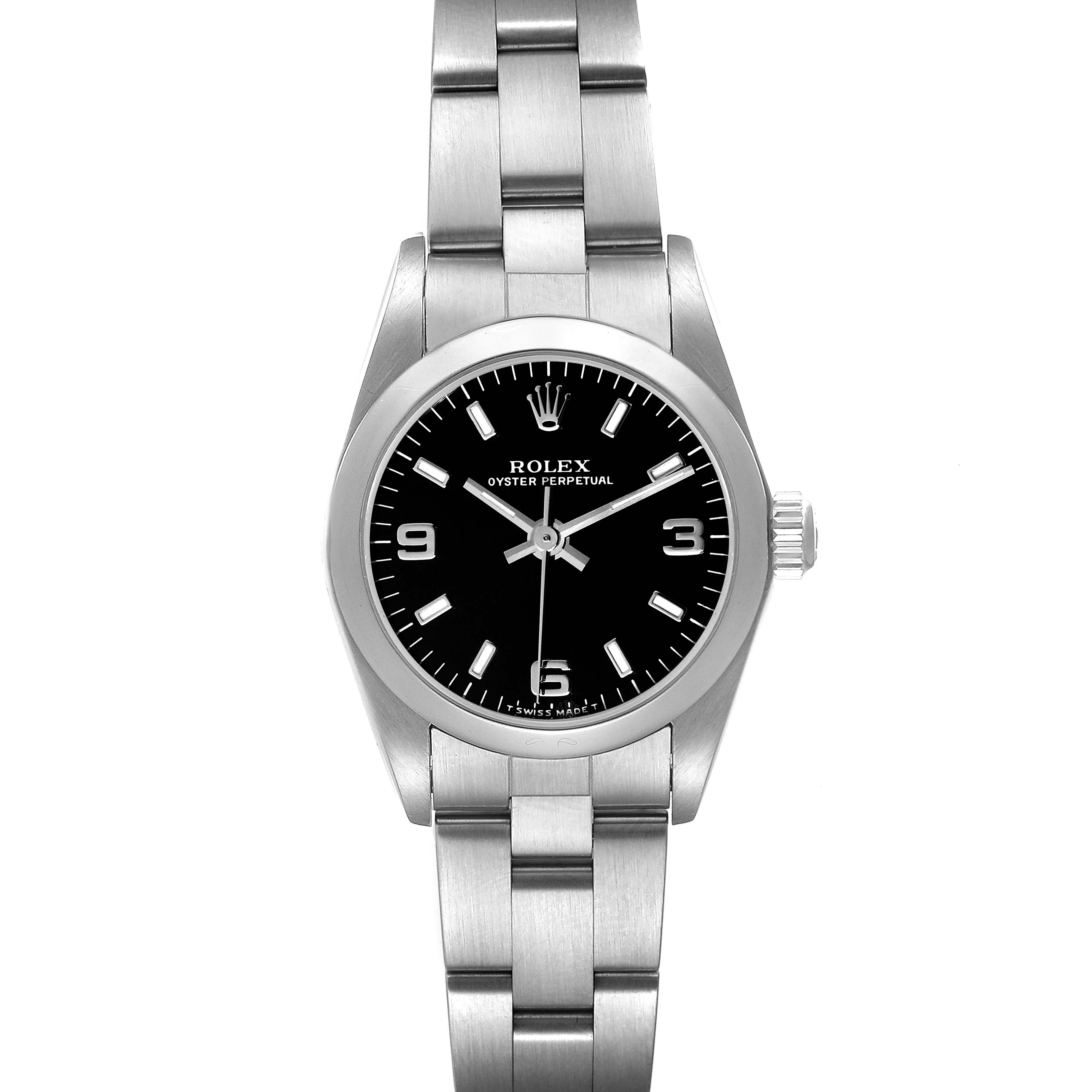 The image shows a front view of a Rolex Oyster Perpetual 76080 Women's Stainless Steel Black Dial 76080 Women's Stainless Steel Black Dial watch, highlighting its black dial and stainless steel bracelet.