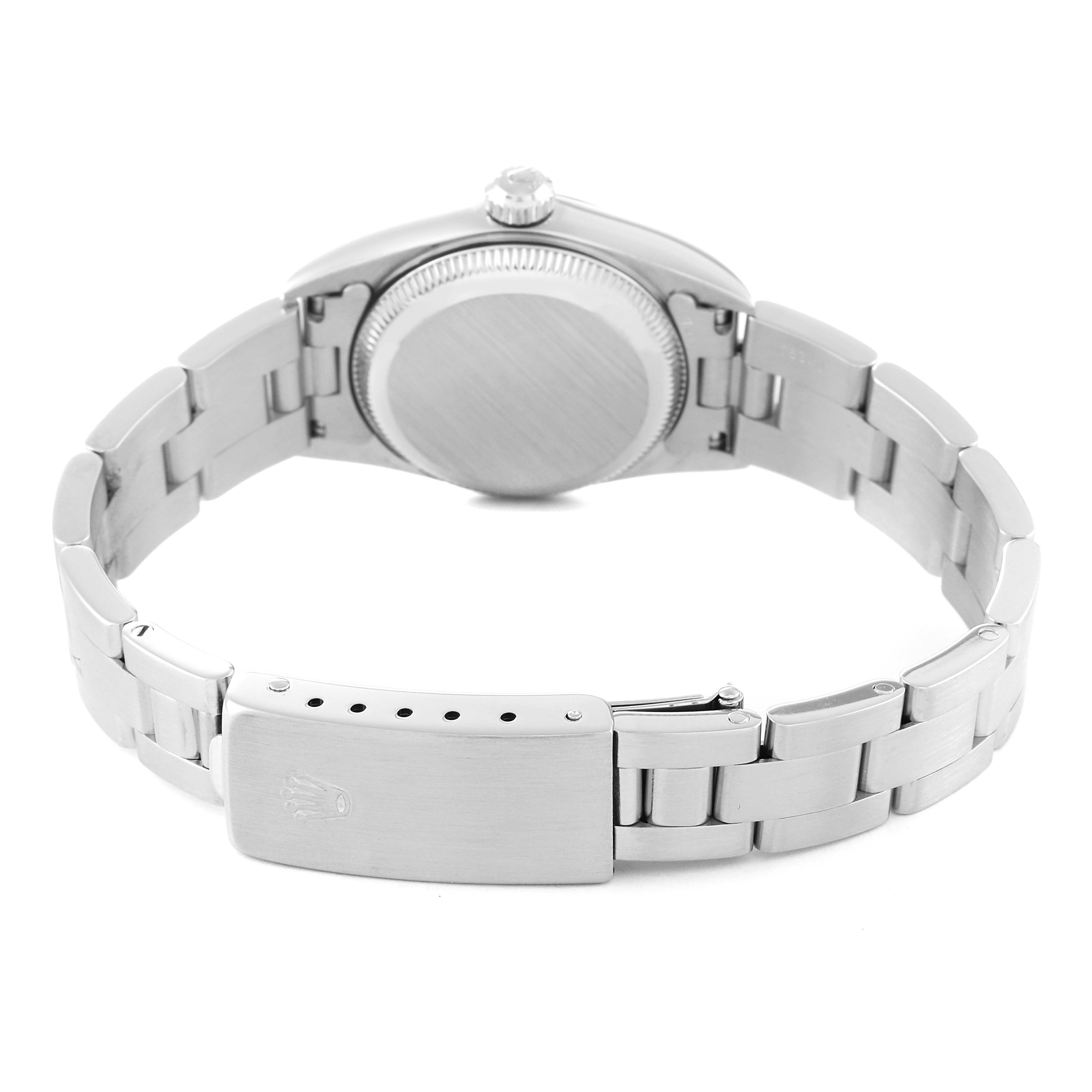 This image shows the back view of the Rolex Oyster Perpetual 76080 Women's Stainless Steel Black Dial 76080 Women's Stainless Steel Black Dial watch, highlighting its case back and metal bracelet with clasp.