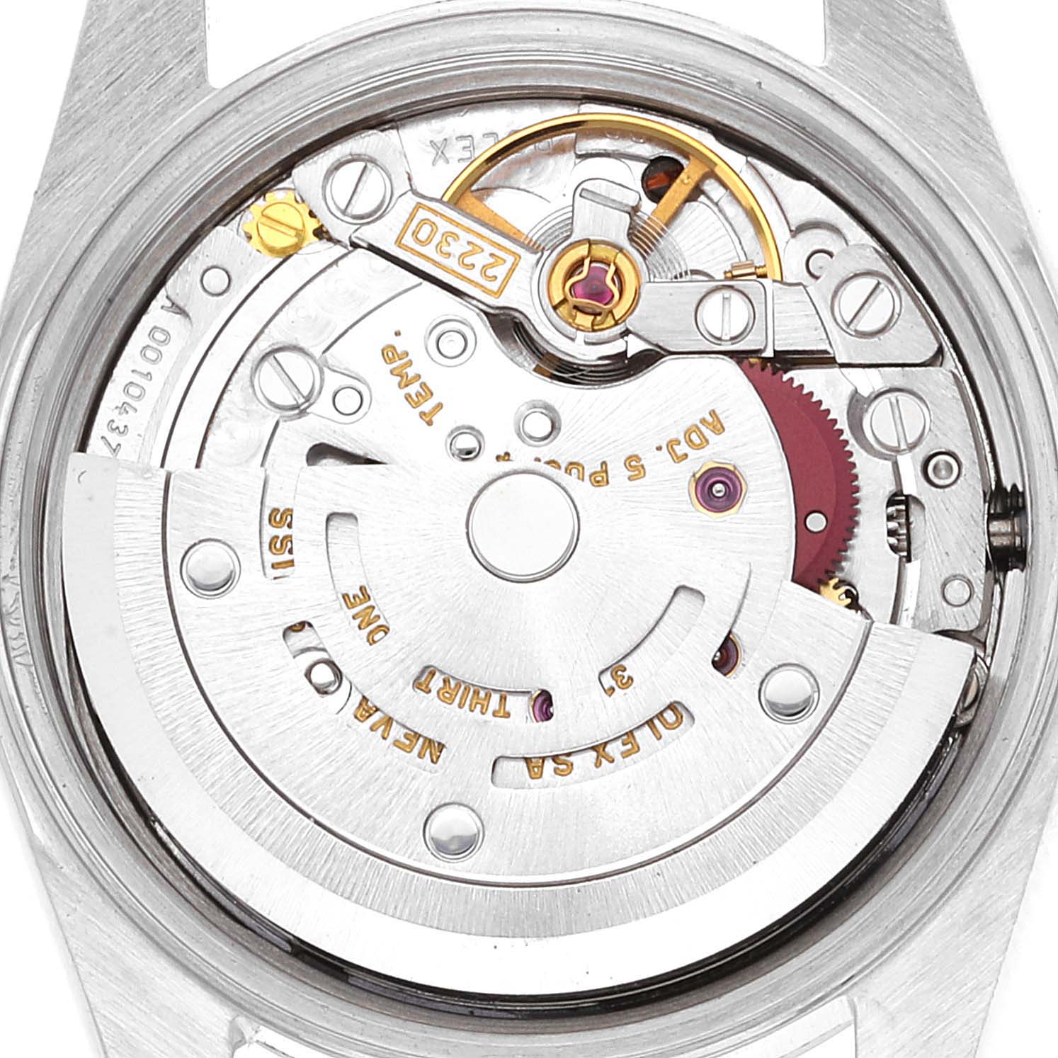 This image shows the internal movement mechanism of a Rolex Oyster Perpetual 76080 Women's Stainless Steel Black Dial 76080 Women's Stainless Steel Black Dial watch from a close-up, top-down angle.