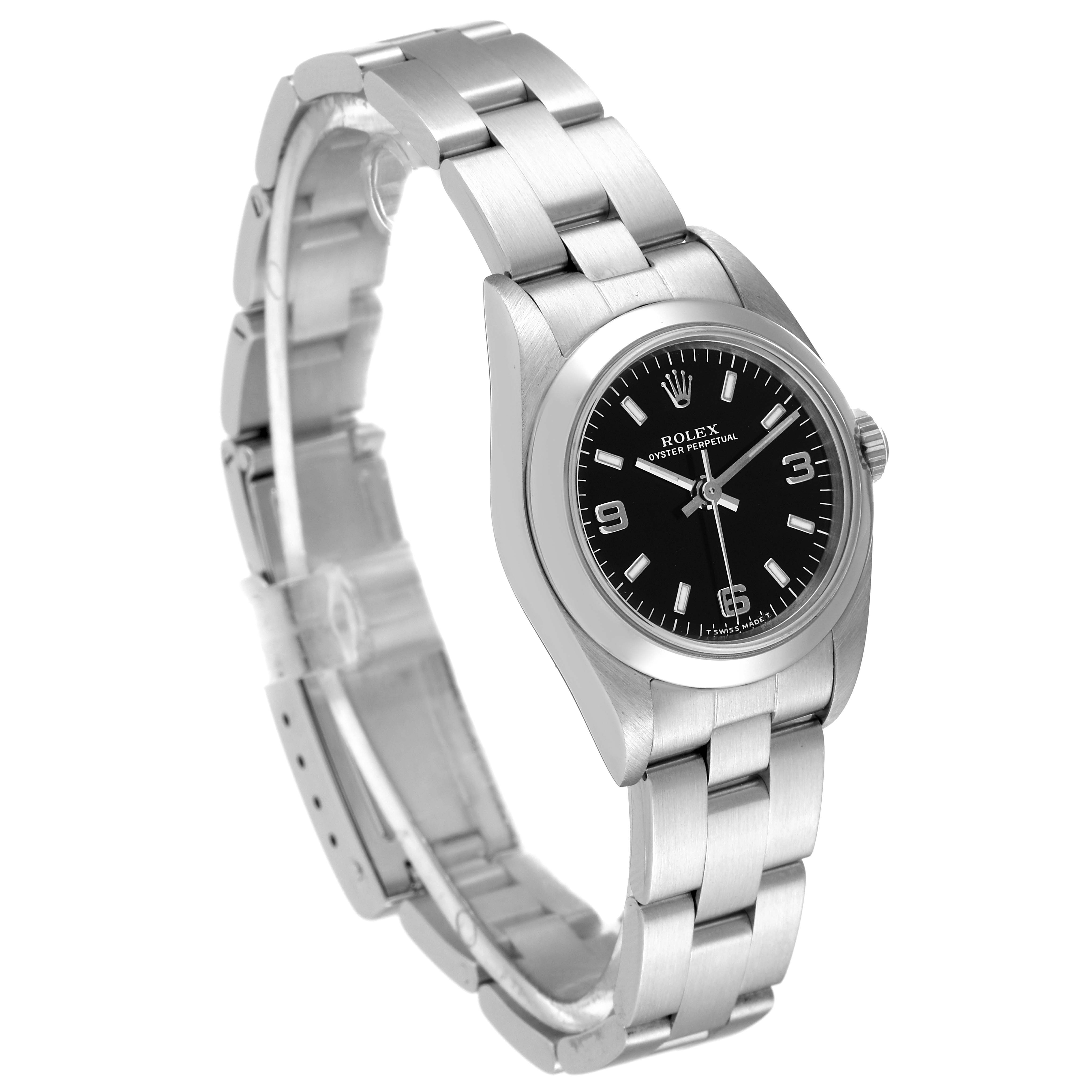 This image shows a side angle of a Rolex Oyster Perpetual 76080 Women's Stainless Steel Black Dial 76080 Women's Stainless Steel Black Dial watch, highlighting the bracelet, case, and dial.