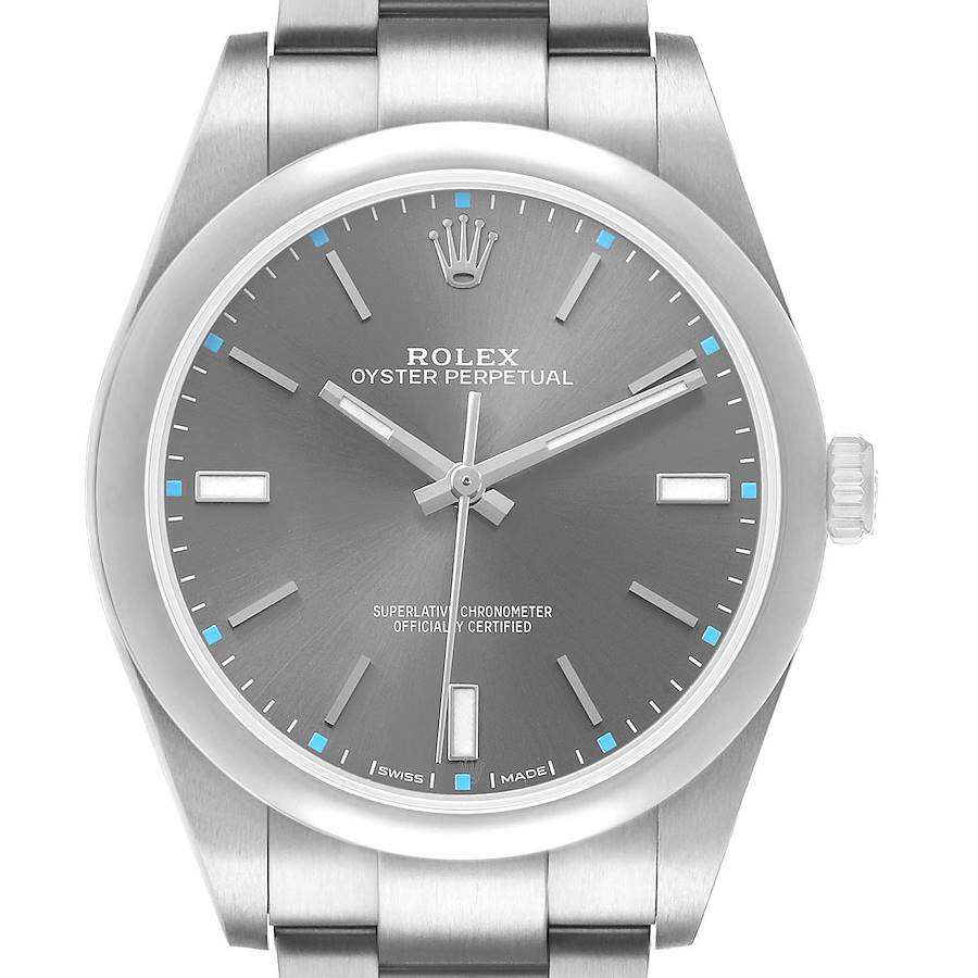 The Rolex Oyster Perpetual 114300 Men's Stainless Steel Grey Dial watch is shown from a frontal angle, displaying the dial, hands, markers, and part of the bracelet.
