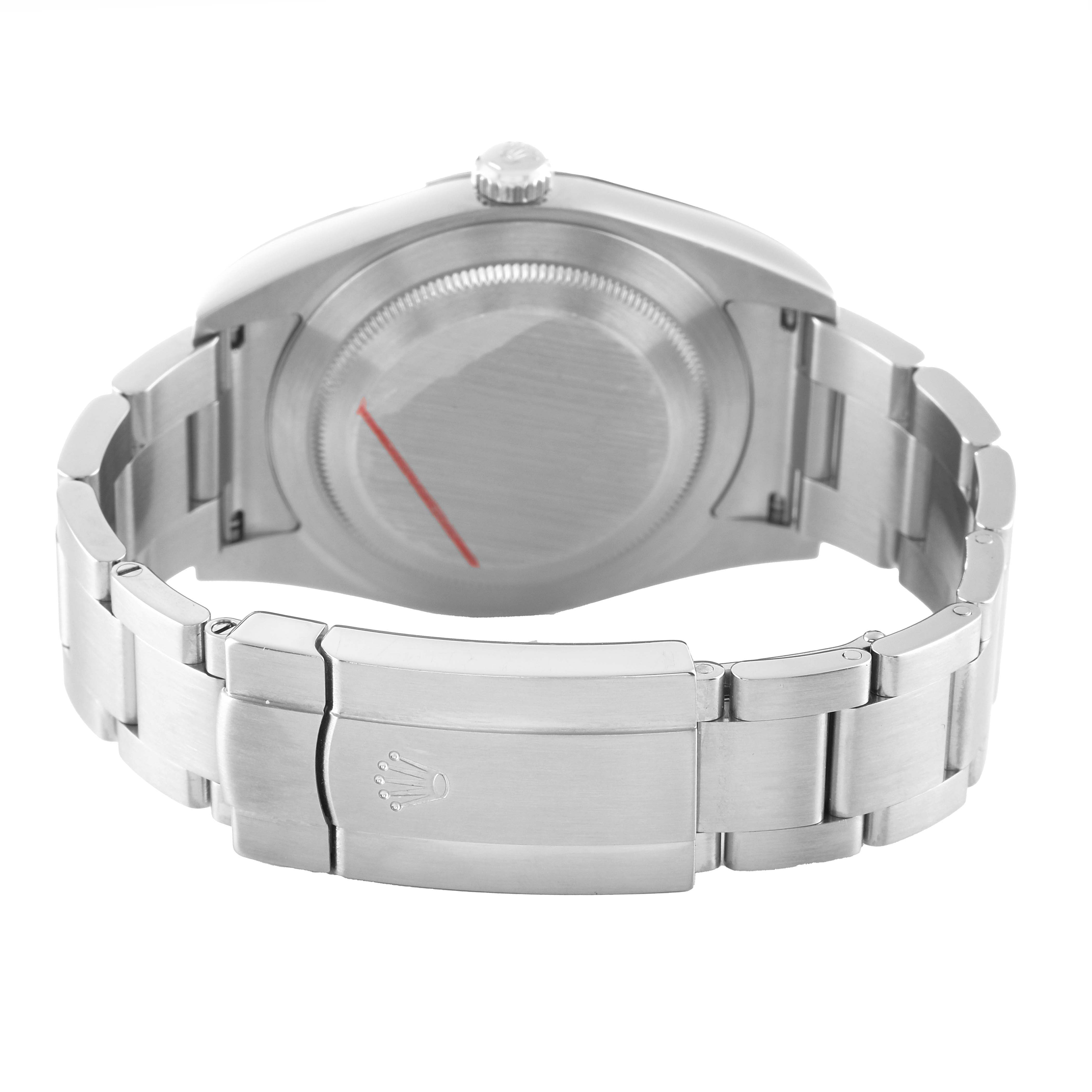 The image shows the back and clasp of a Rolex Oyster Perpetual 114300 Men's Stainless Steel Grey Dial, highlighting the bracelet and caseback.