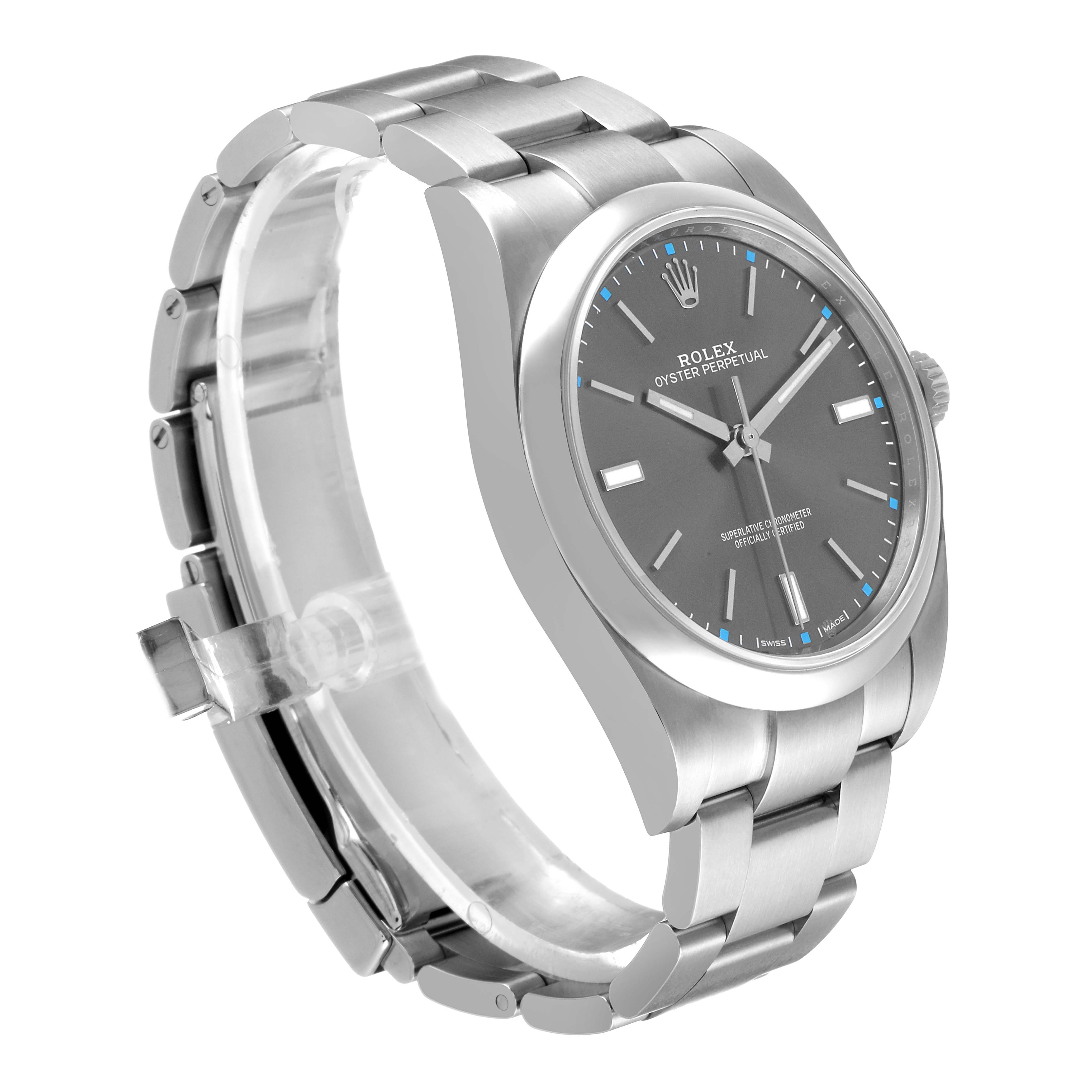 The Rolex Oyster Perpetual 114300 Men's Stainless Steel Grey Dial watch is shown at a side angle, highlighting the case, bracelet, and dial.