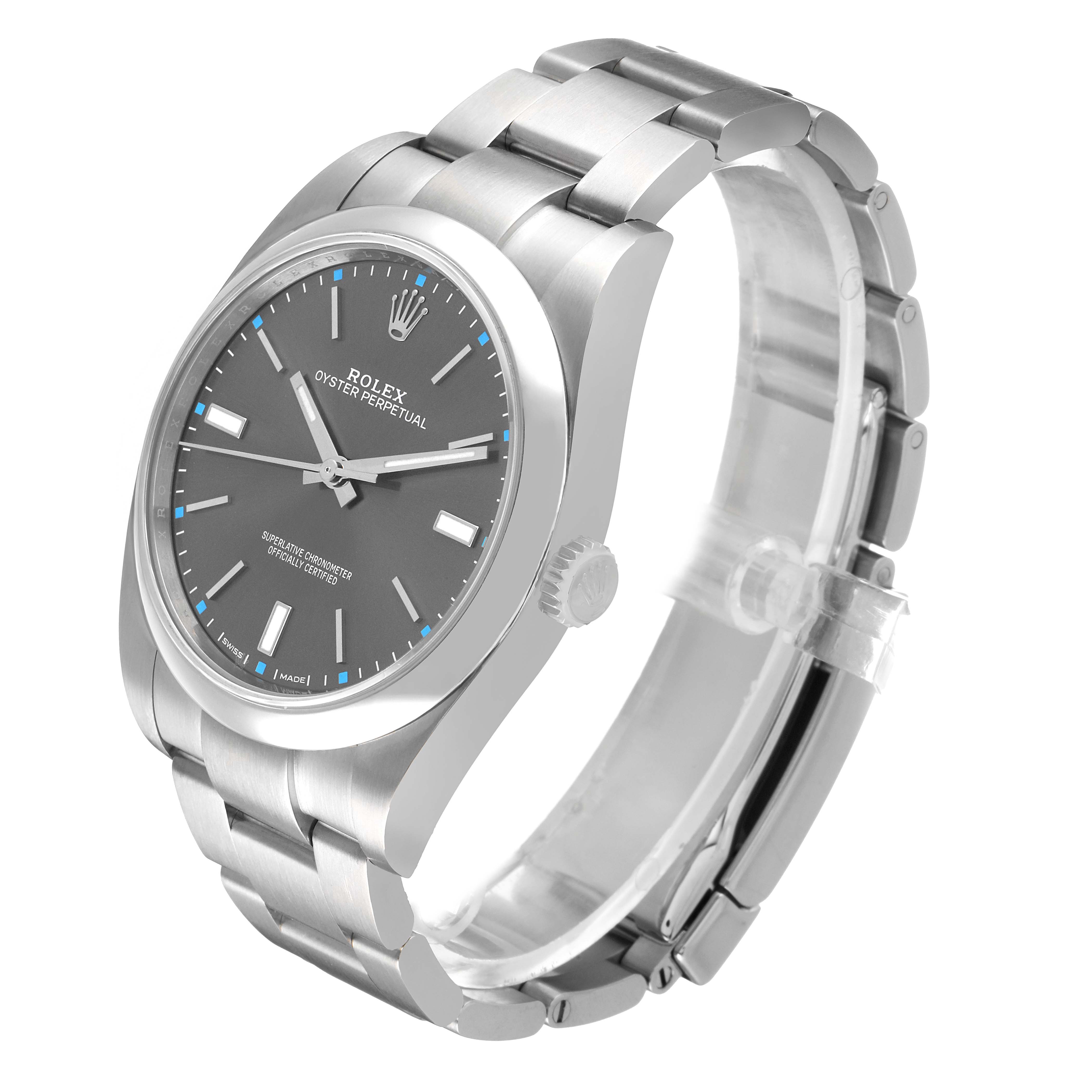 The Rolex Oyster Perpetual 114300 Men's Stainless Steel Grey Dial watch is shown from a three-quarter angle, highlighting the dial, bezel, crown, and bracelet.