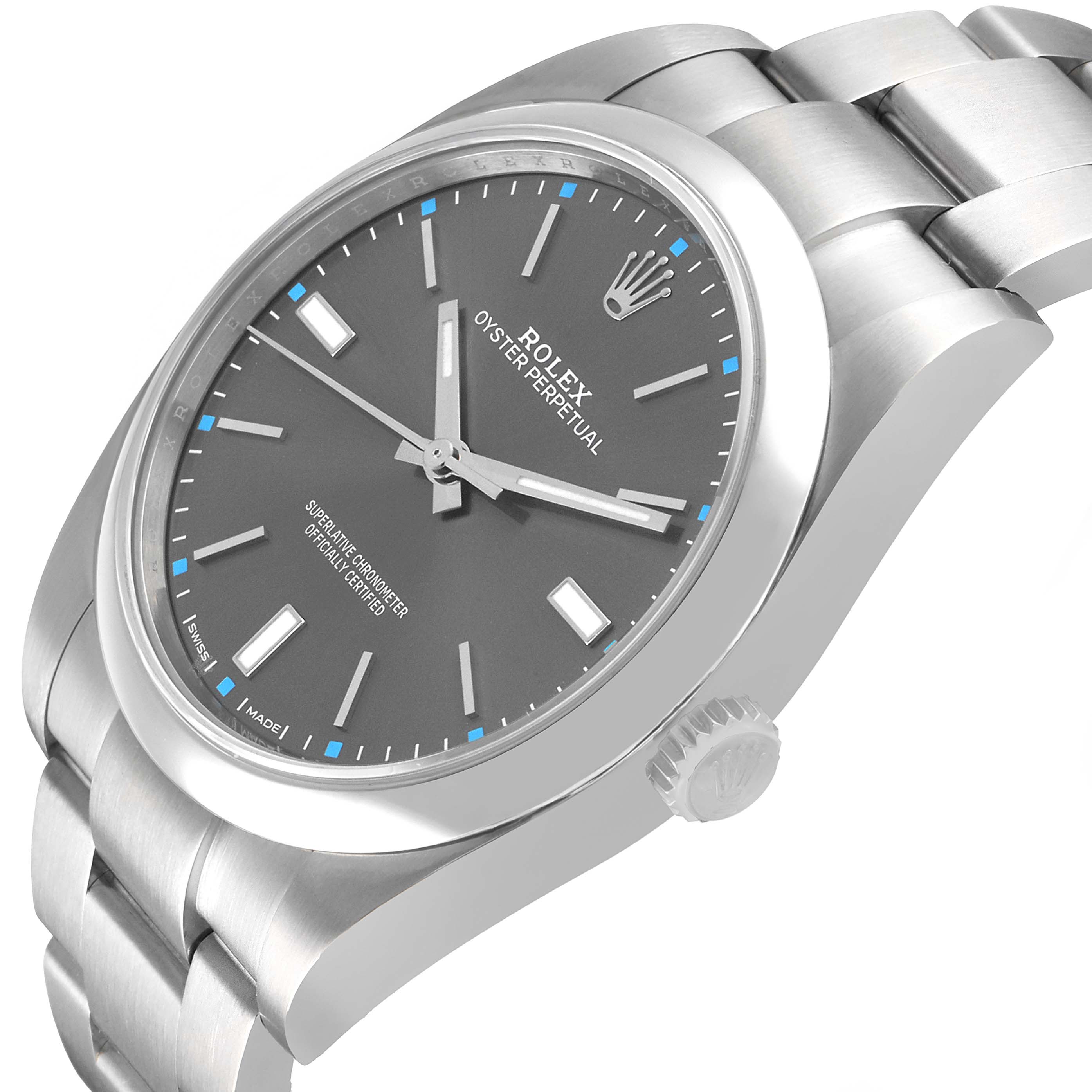 The Rolex Oyster Perpetual 114300 Men's Stainless Steel Grey Dial watch is shown at a slight angle, highlighting the gray dial, crown, and part of the bracelet.