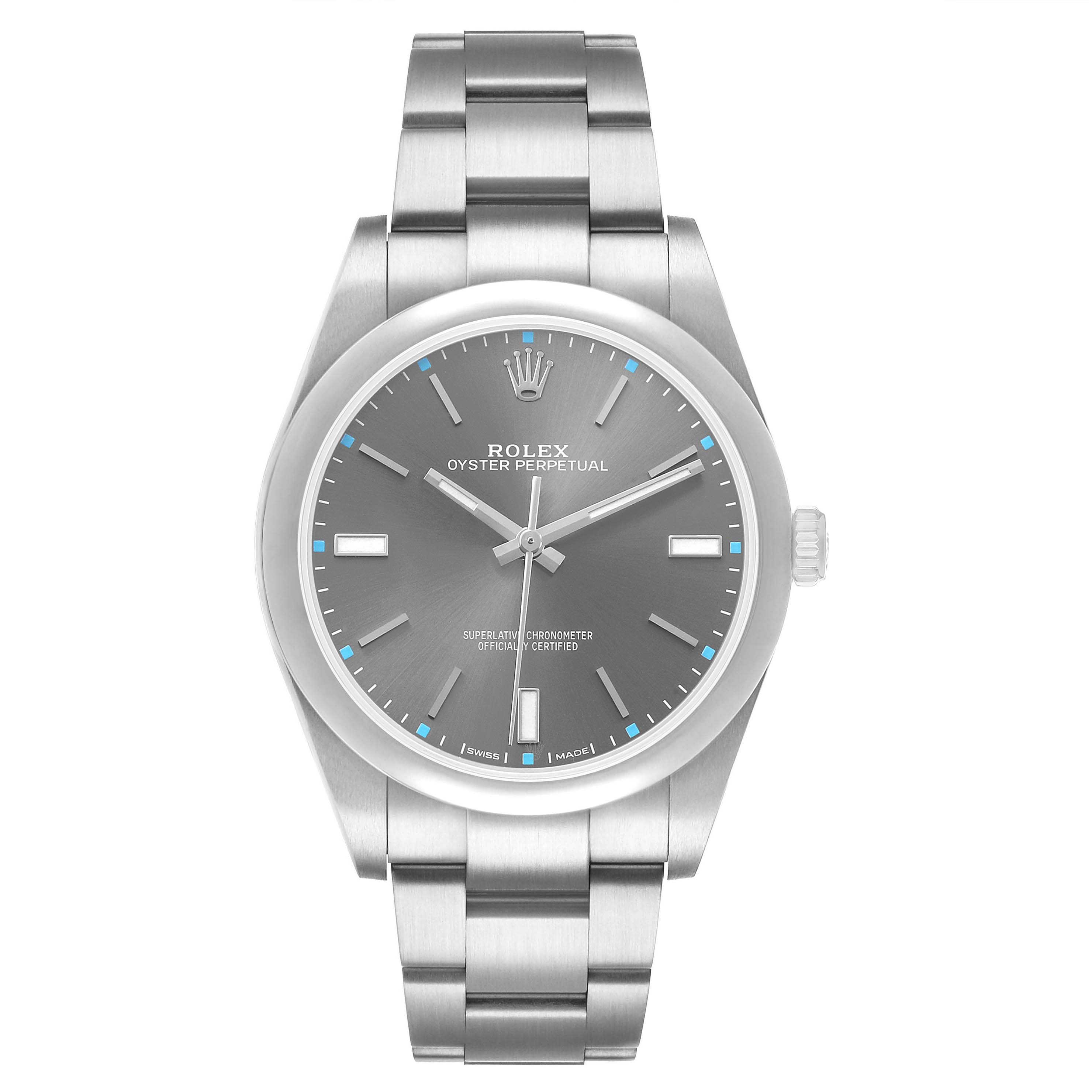 The Rolex Oyster Perpetual 114300 Men's Stainless Steel Grey Dial watch is shown from a front angle, displaying the dial, bracelet, and crown.