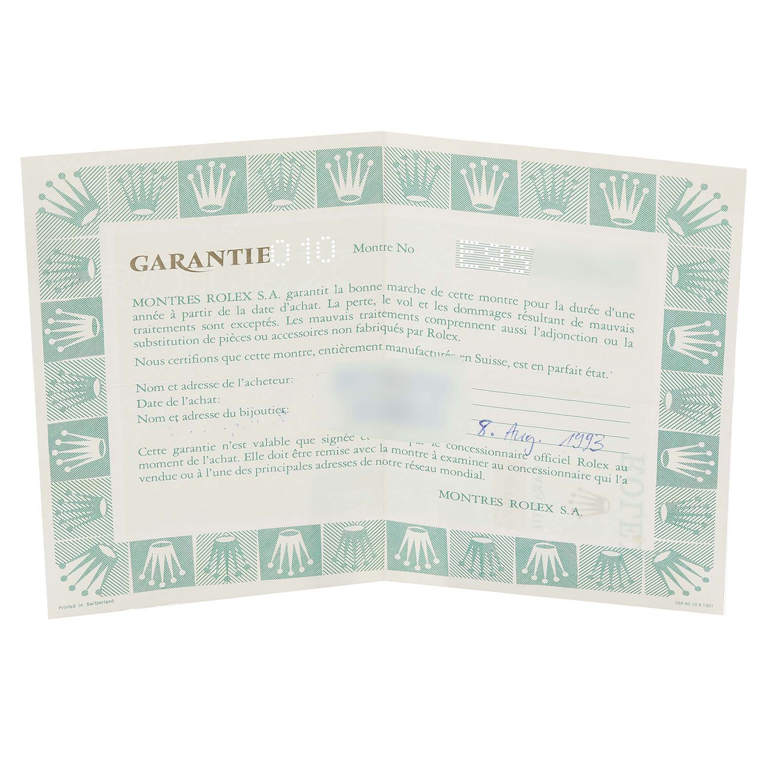 The image shows the warranty card for a Rolex Oyster Perpetual 67180 Women
s Stainless Steel Blue Dial 67180 Women
s Stainless Steel Blue Dial watch, displayed fully open and flat.