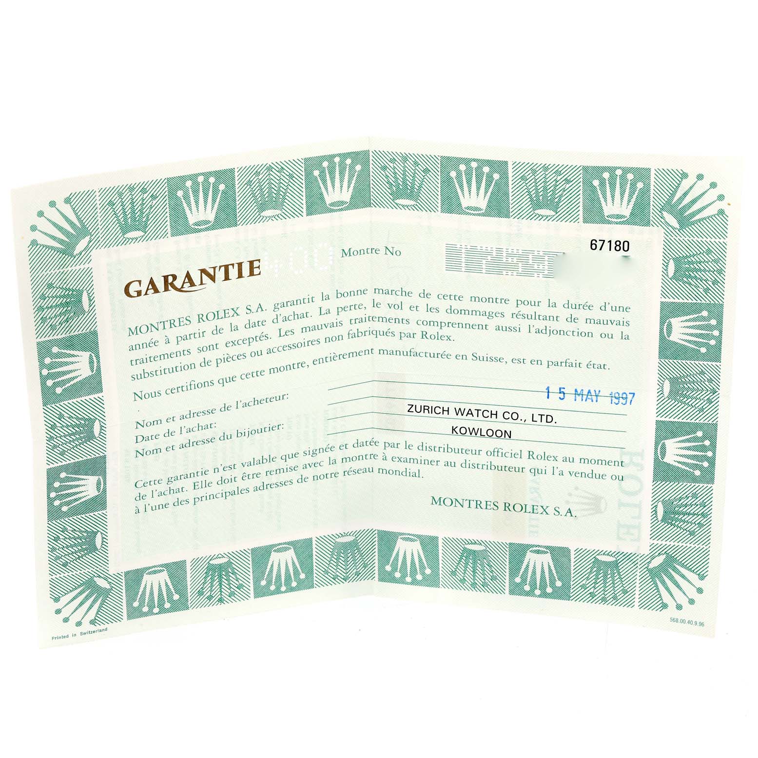 The image shows a warranty card for a Rolex Oyster Perpetual 67180 Women
s Stainless Steel Pink Dial 67180 Women
s Stainless Steel Pink Dial watch, providing purchase and distributor details.