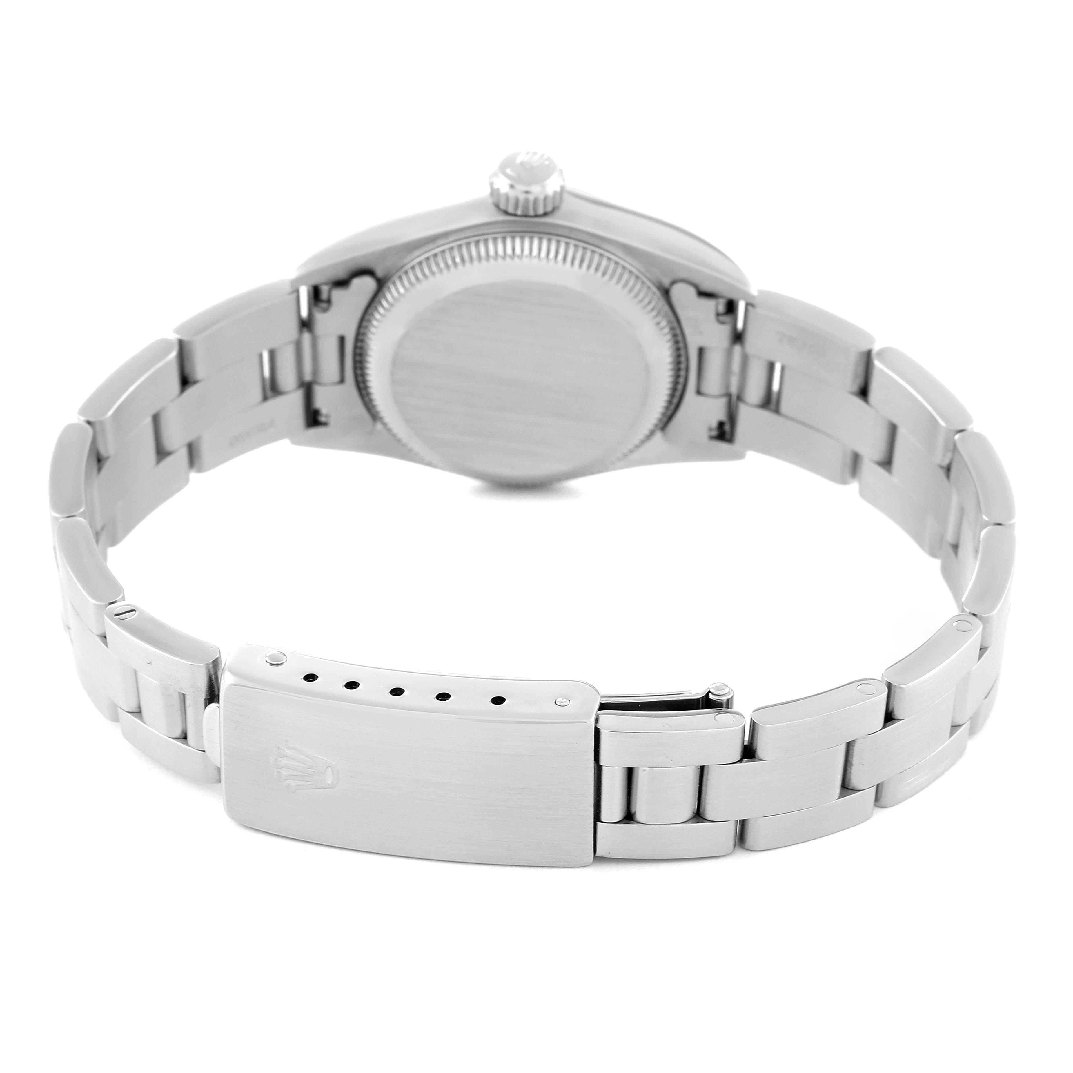 This image shows the back view of the Rolex Oyster Perpetual 67180 Women
s Stainless Steel Pink Dial 67180 Women
s Stainless Steel Pink Dial watch, highlighting the clasp and bracelet links.