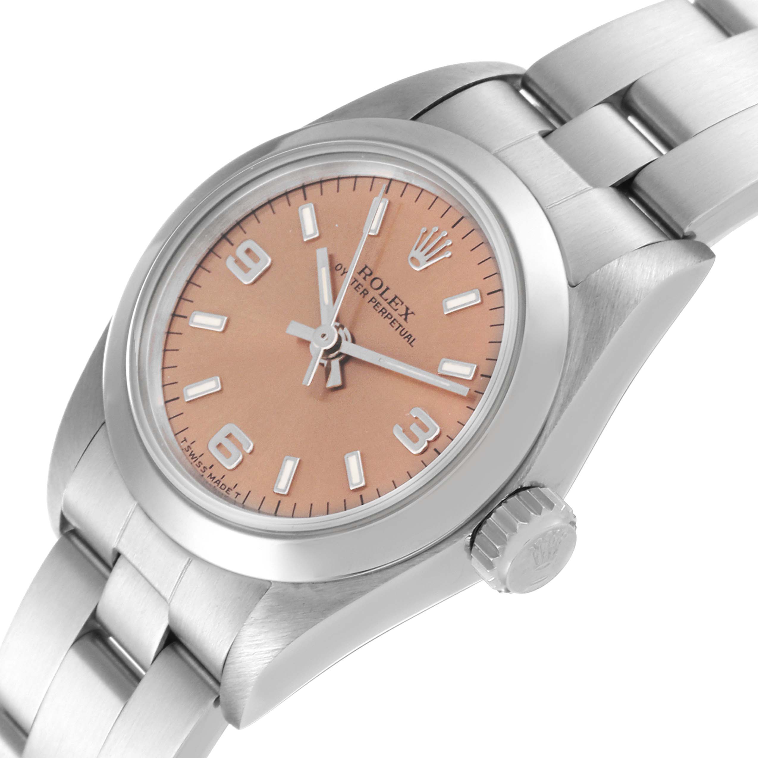 The image shows a Rolex Oyster Perpetual 67180 Women
s Stainless Steel Pink Dial 67180 Women
s Stainless Steel Pink Dial watch from an oblique angle, featuring its dial, bezel, case, crown, and part of the bracelet.