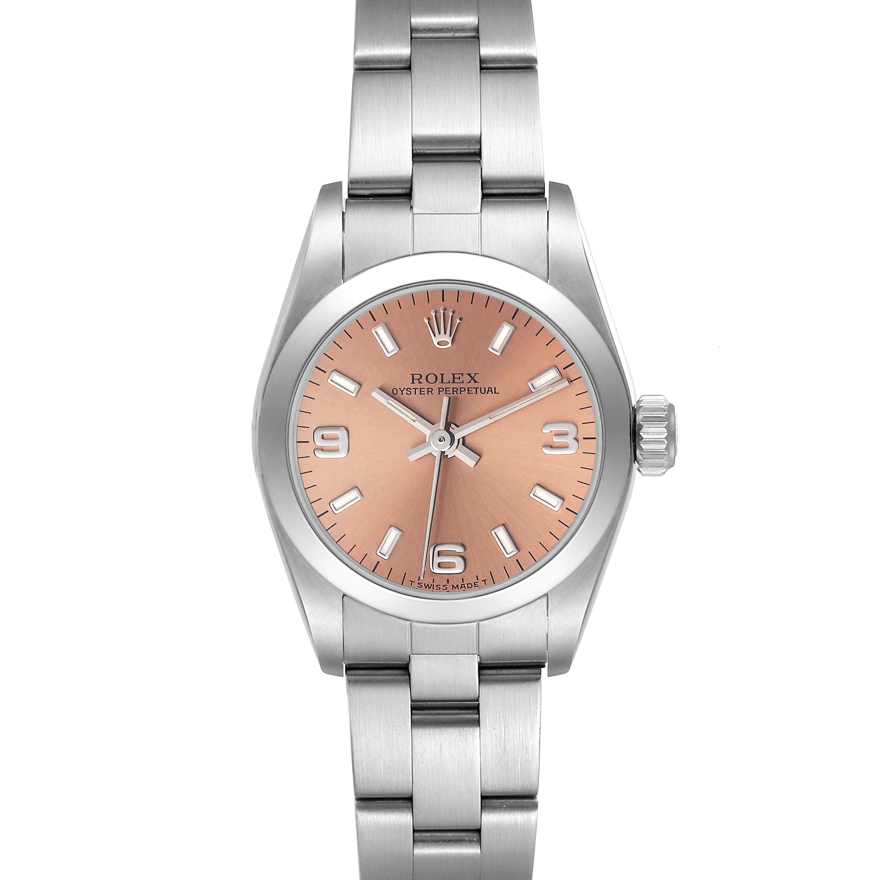 The image shows a Rolex Oyster Perpetual 67180 Women
s Stainless Steel Pink Dial 67180 Women
s Stainless Steel Pink Dial watch from a straight-on angle, displaying the dial, case, crown, and bracelet.