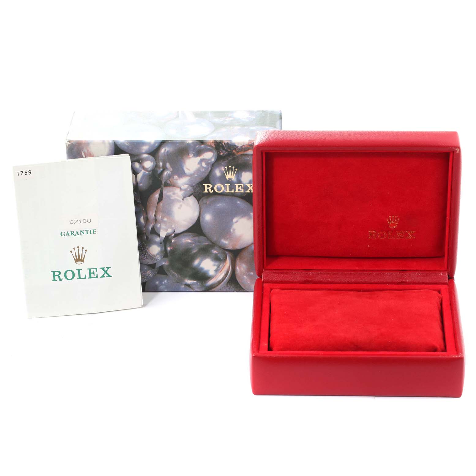 This image shows the packaging box, red watch case, and guarantee booklet for the Rolex Oyster Perpetual 67180 Women
s Stainless Steel Pink Dial 67180 Women
s Stainless Steel Pink Dial model.