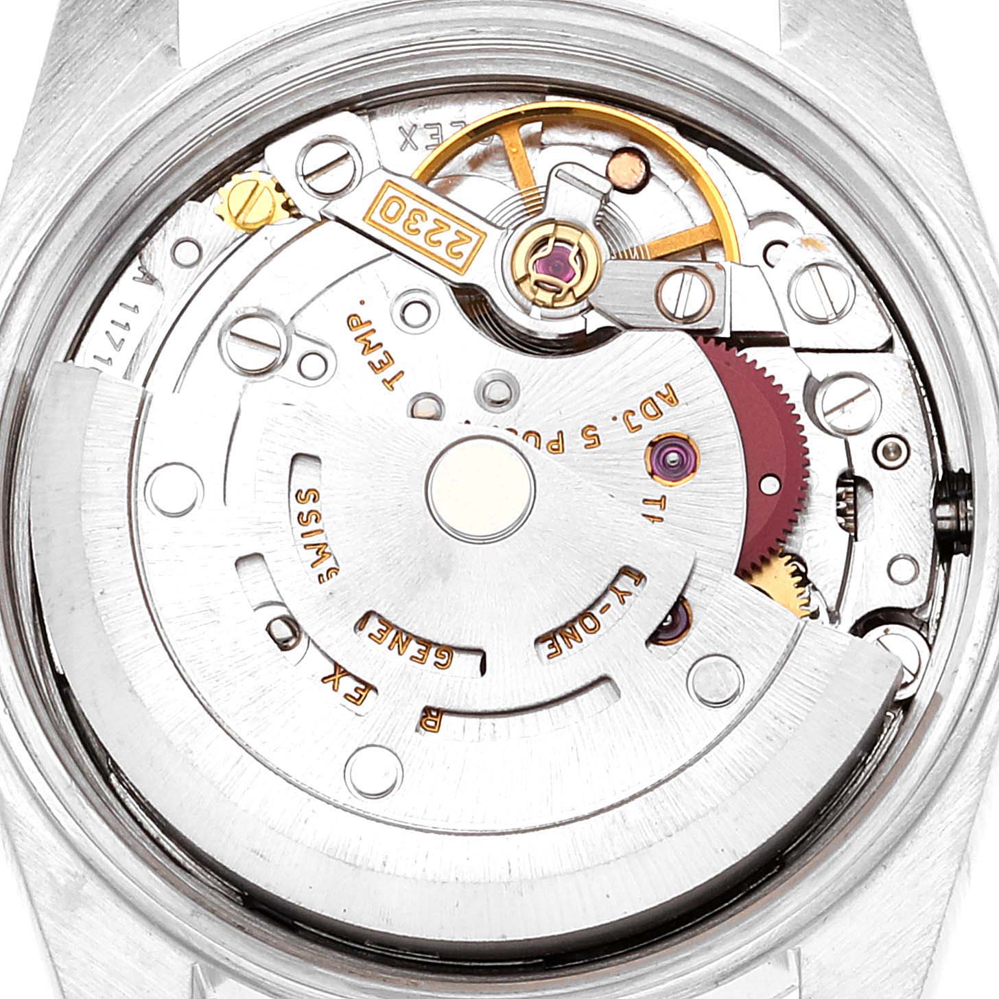 This image shows the internal movement mechanism of a Rolex Oyster Perpetual 76080 Women
s Stainless Steel Pink Dial 76080 Women
s Stainless Steel Pink Dial watch from a top-down view.