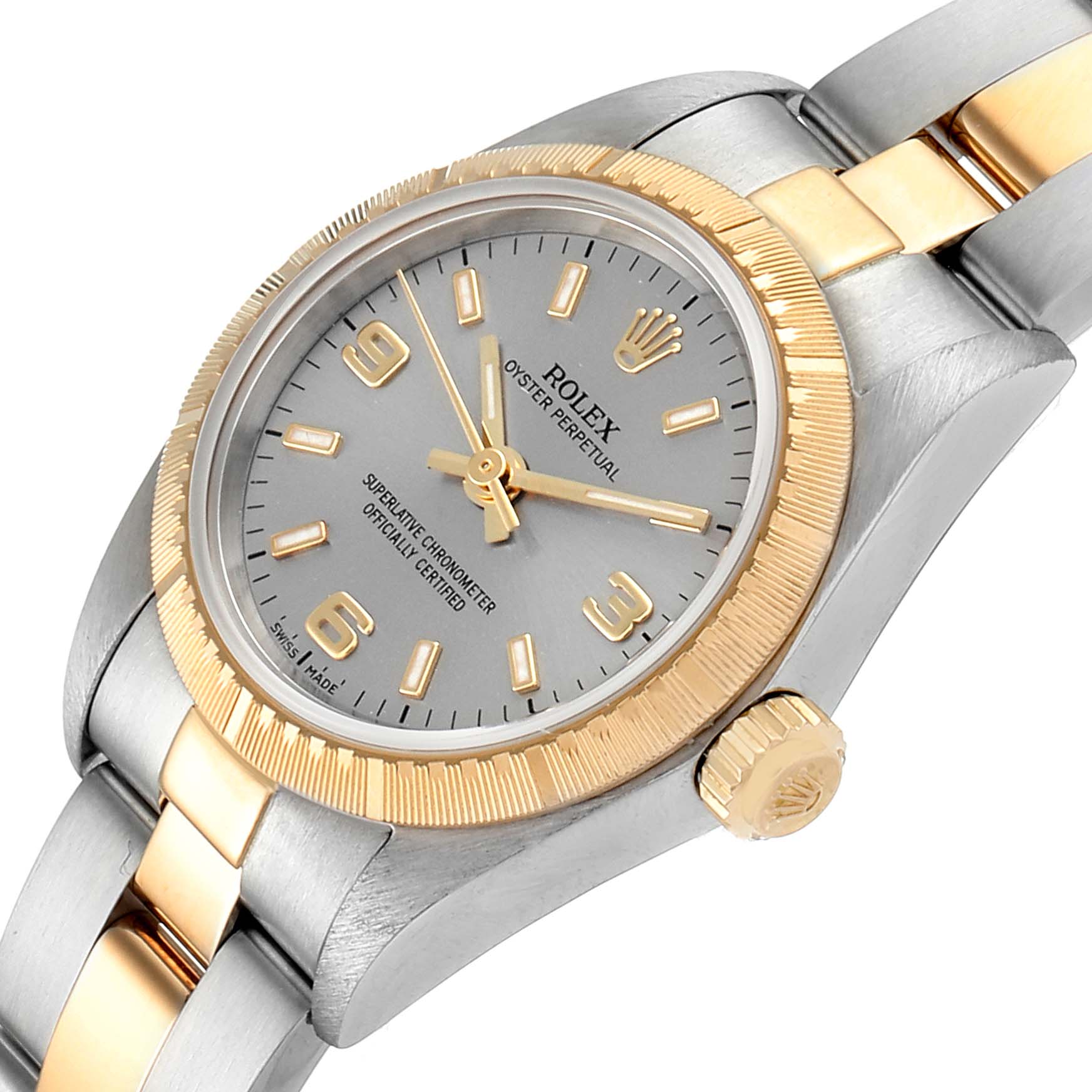 The image shows a Rolex Oyster Perpetual 76243 Women's Steel and Gold (two tone) Silver Dial 76243 Women's Steel and Gold (two tone) Silver Dial watch at an angle highlighting the face, crown, and part of the bracelet.