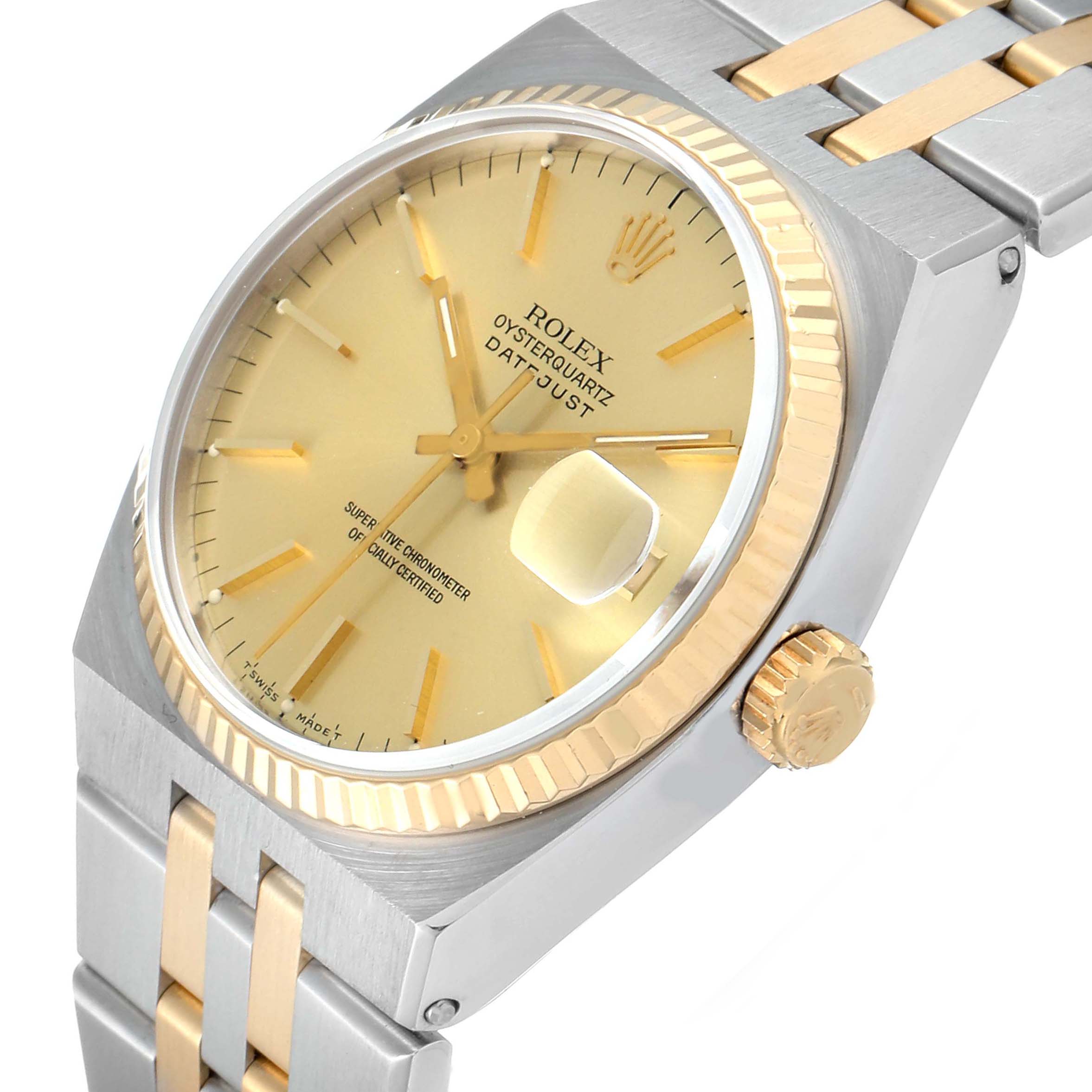 The image shows a Rolex Oysterquartz 17013 Men's Steel and Gold (two tone) Champagne Dial 17013 Men's Steel and Gold (two tone) Champagne Dial watch at an angle highlighting its face, bezel, crown, and bracelet.