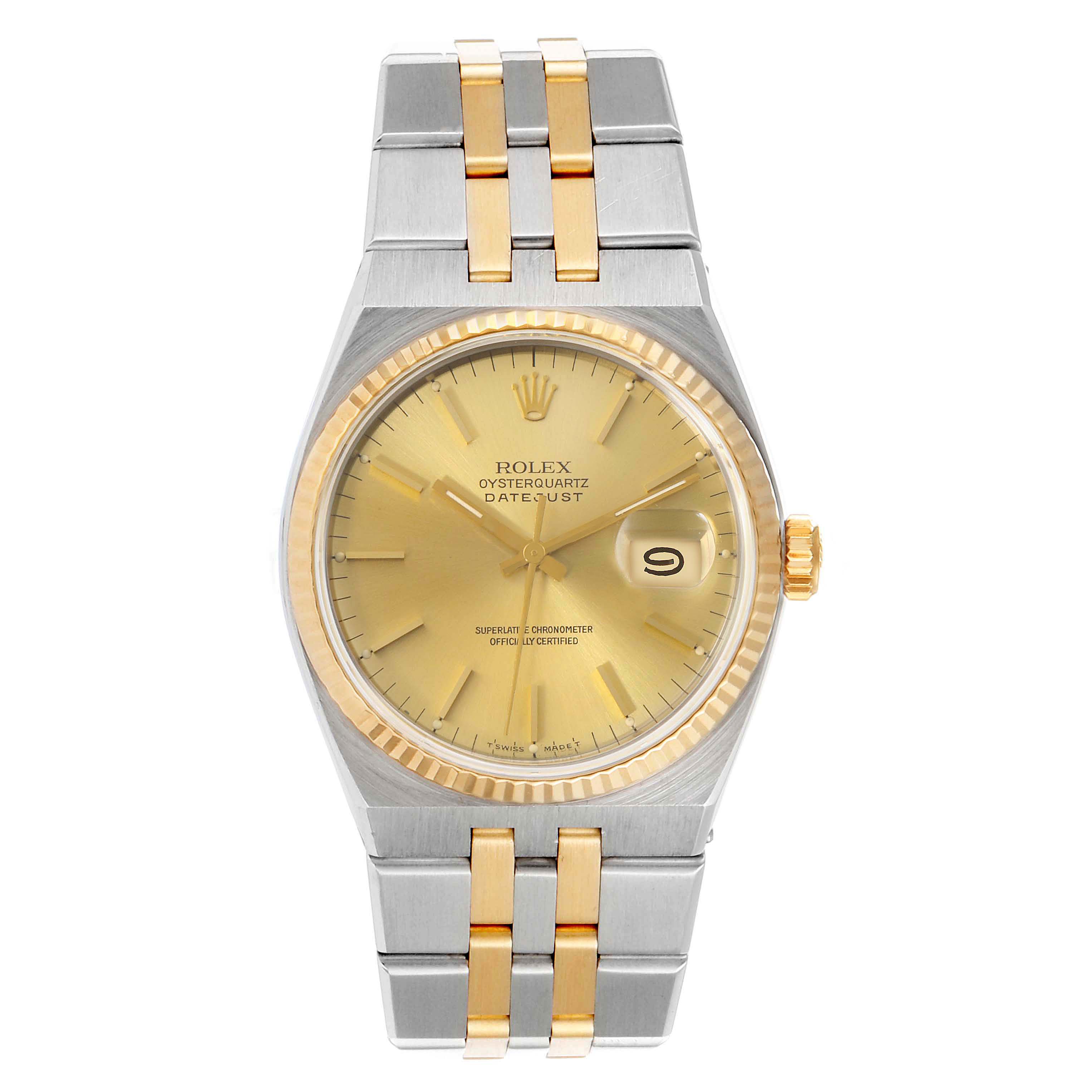 The image shows a front view of a Rolex Oysterquartz 17013 Men's Steel and Gold (two tone) Champagne Dial 17013 Men's Steel and Gold (two tone) Champagne Dial watch with a gold and silver bracelet and a gold dial.