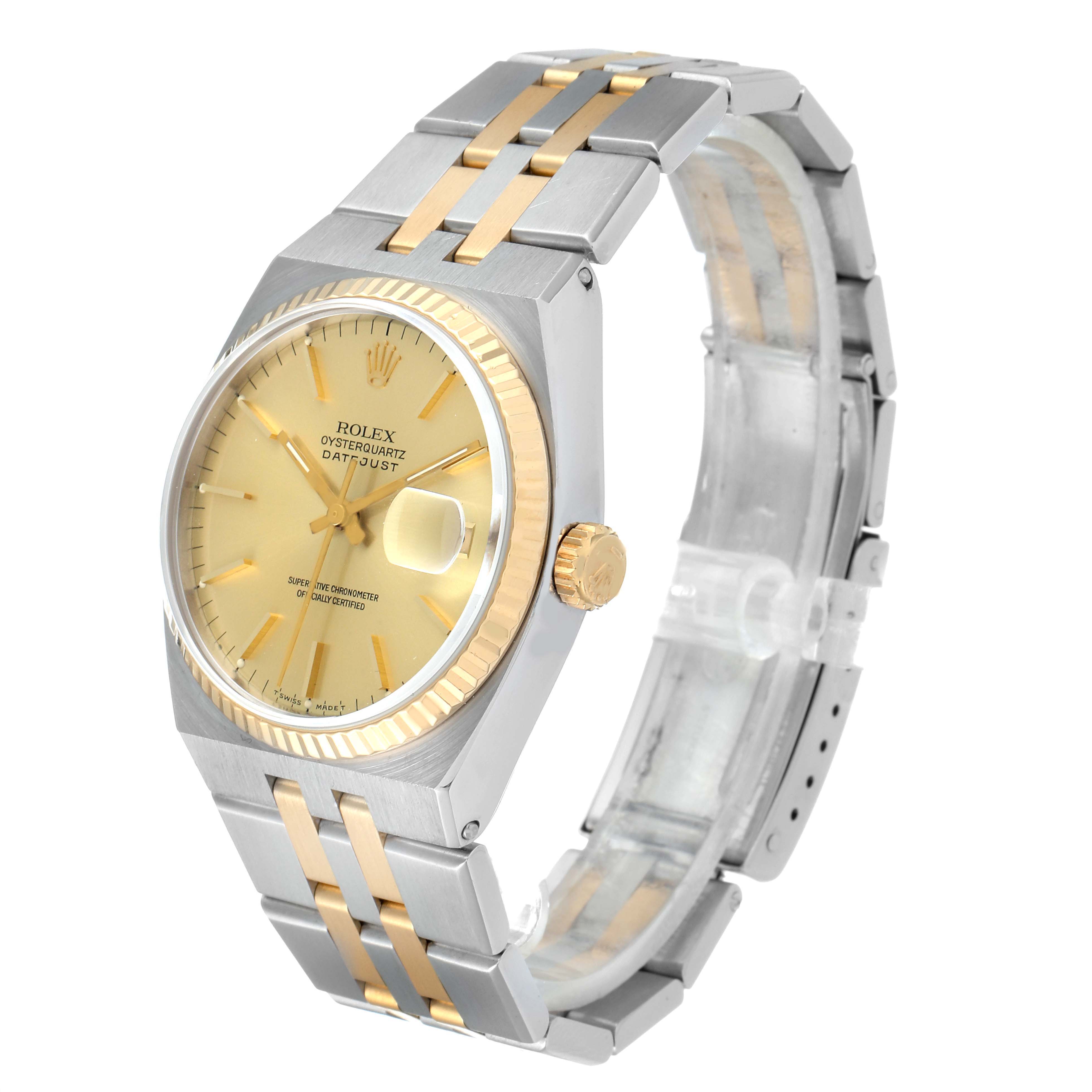 The image shows an angled view of the Rolex Oysterquartz 17013 Men's Steel and Gold (two tone) Champagne Dial 17013 Men's Steel and Gold (two tone) Champagne Dial watch, displaying the face, crown, and two-tone bracelet.