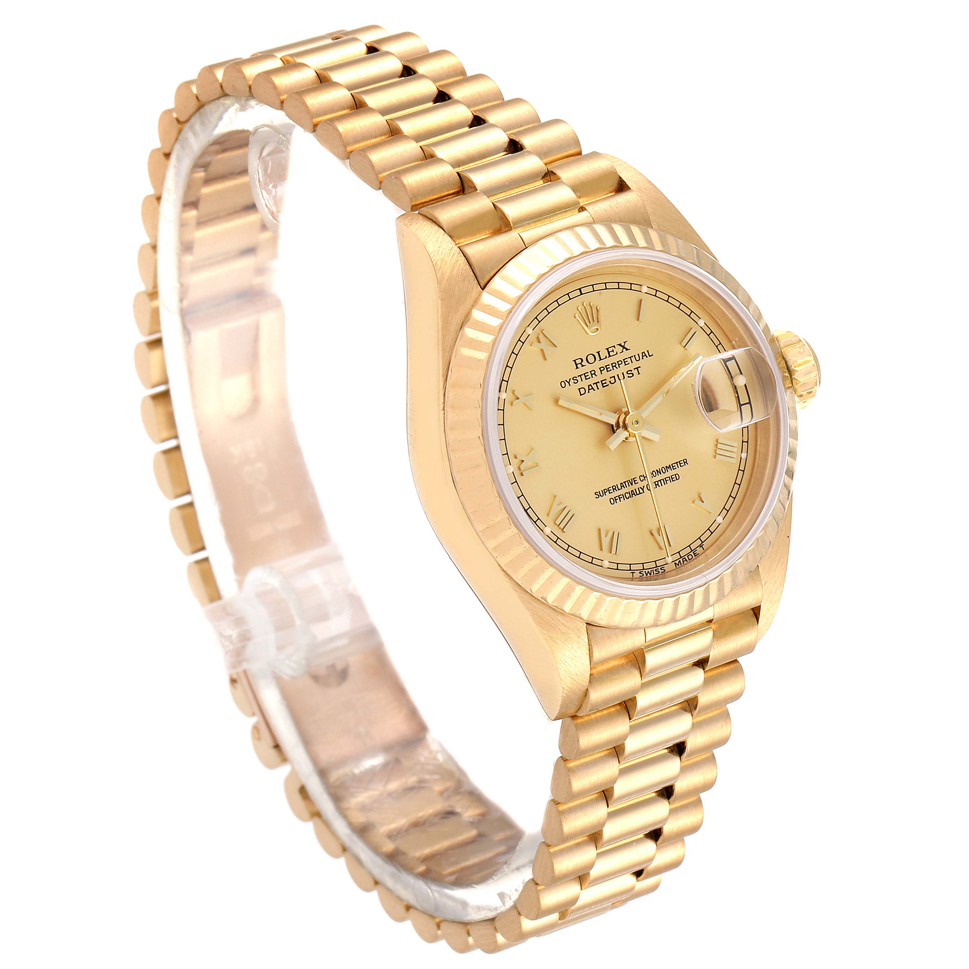 The image shows a Rolex President 69178 Women
s Yellow Gold Champagne Dial 69178 Women
s Yellow Gold Champagne Dial model watch angled to display the face, band, and side profile.