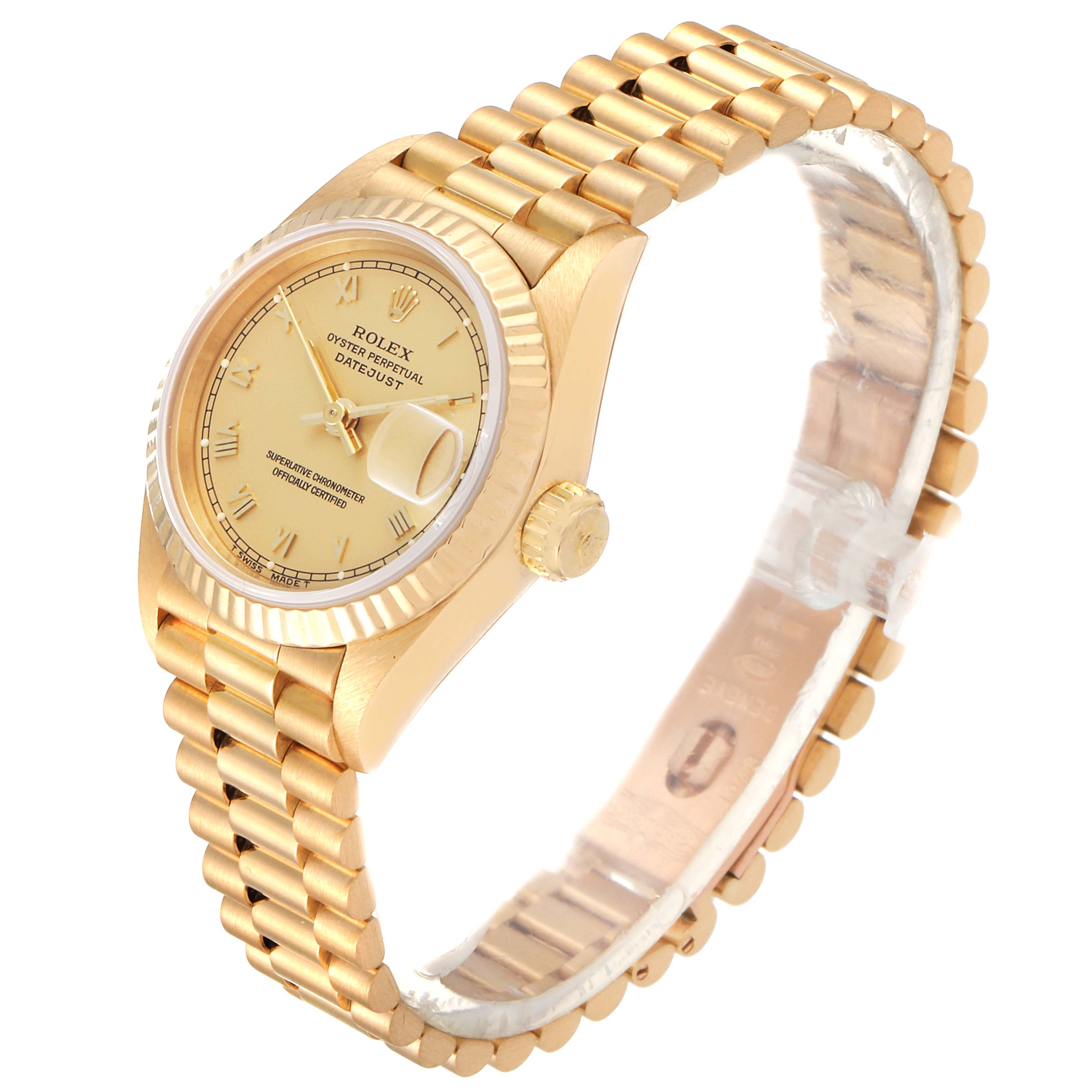 This image shows a Rolex President 69178 Women
s Yellow Gold Champagne Dial 69178 Women
s Yellow Gold Champagne Dial model watch at an angled side view, highlighting its gold bezel, dial, bracelet, and crown.