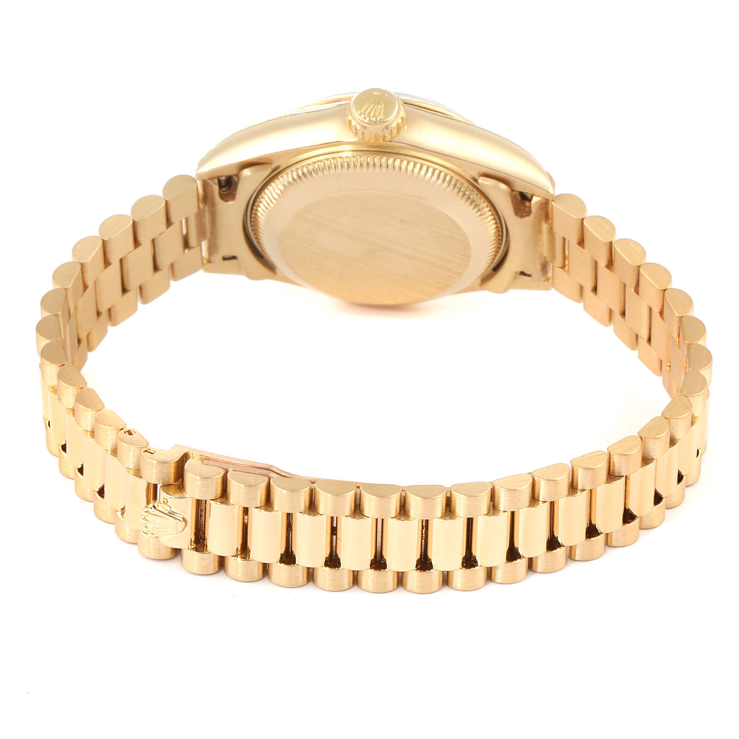 This image shows the back case and bracelet of the Rolex President 69178 Women
s Yellow Gold Champagne Dial 69178 Women
s Yellow Gold Champagne Dial watch model.