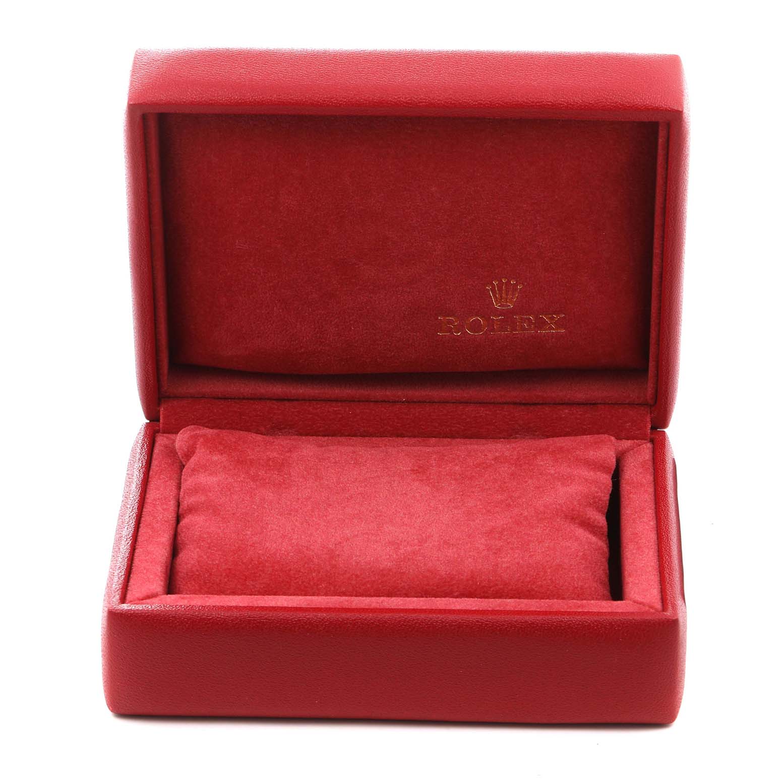 The image shows an empty red watch box for the Rolex President 69178 Women
s Yellow Gold Champagne Dial 69178 Women
s Yellow Gold Champagne Dial model, viewed from the front with an open lid.