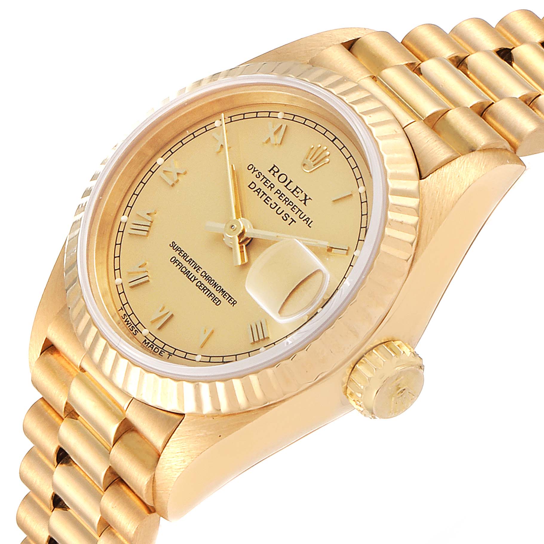 The image shows a side angle view of the Rolex President 69178 Women
s Yellow Gold Champagne Dial 69178 Women
s Yellow Gold Champagne Dial model watch, highlighting its face, crown, and bracelet.