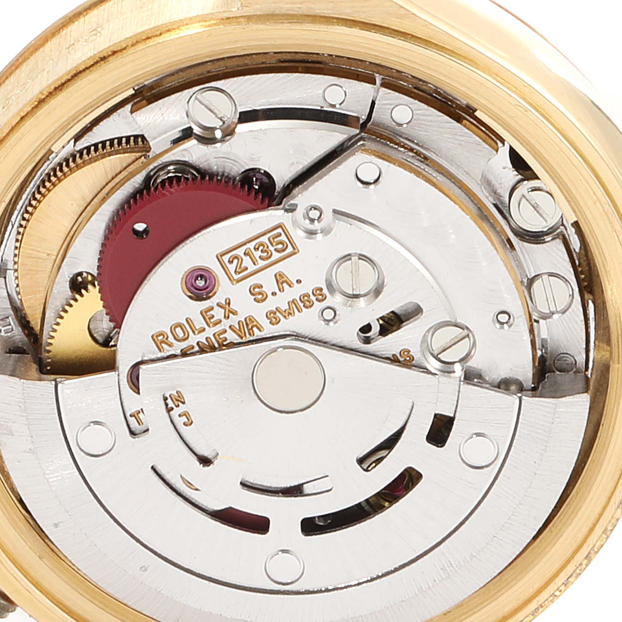 This image shows a close-up view of the internal mechanisms of a Rolex President 69178 Women
s Yellow Gold Champagne Dial 69178 Women
s Yellow Gold Champagne Dial model watch, highlighting the movement components.